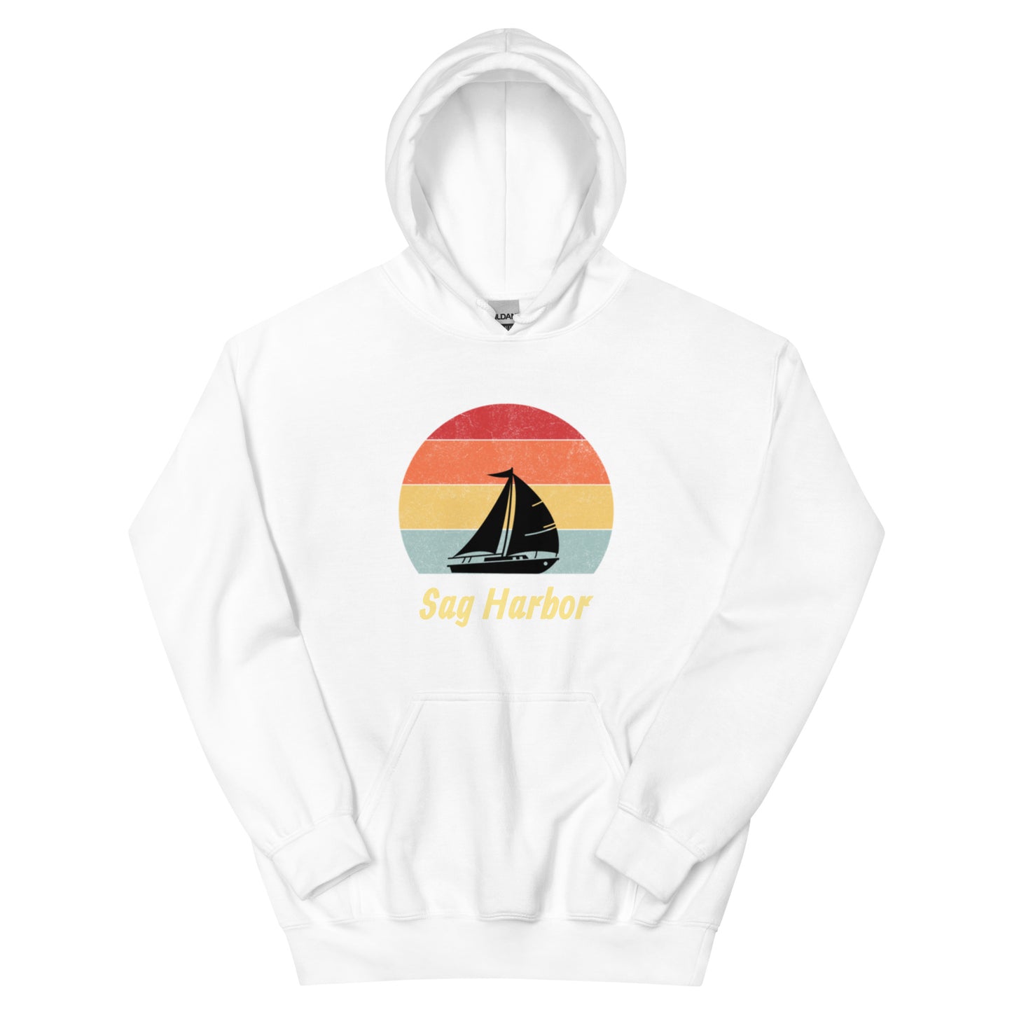 White Sag Harbor Unisex Hoodie - Coastal Comfort & Style featuring retro sailboat and sunset graphic, ideal for beach town hoodie lovers.