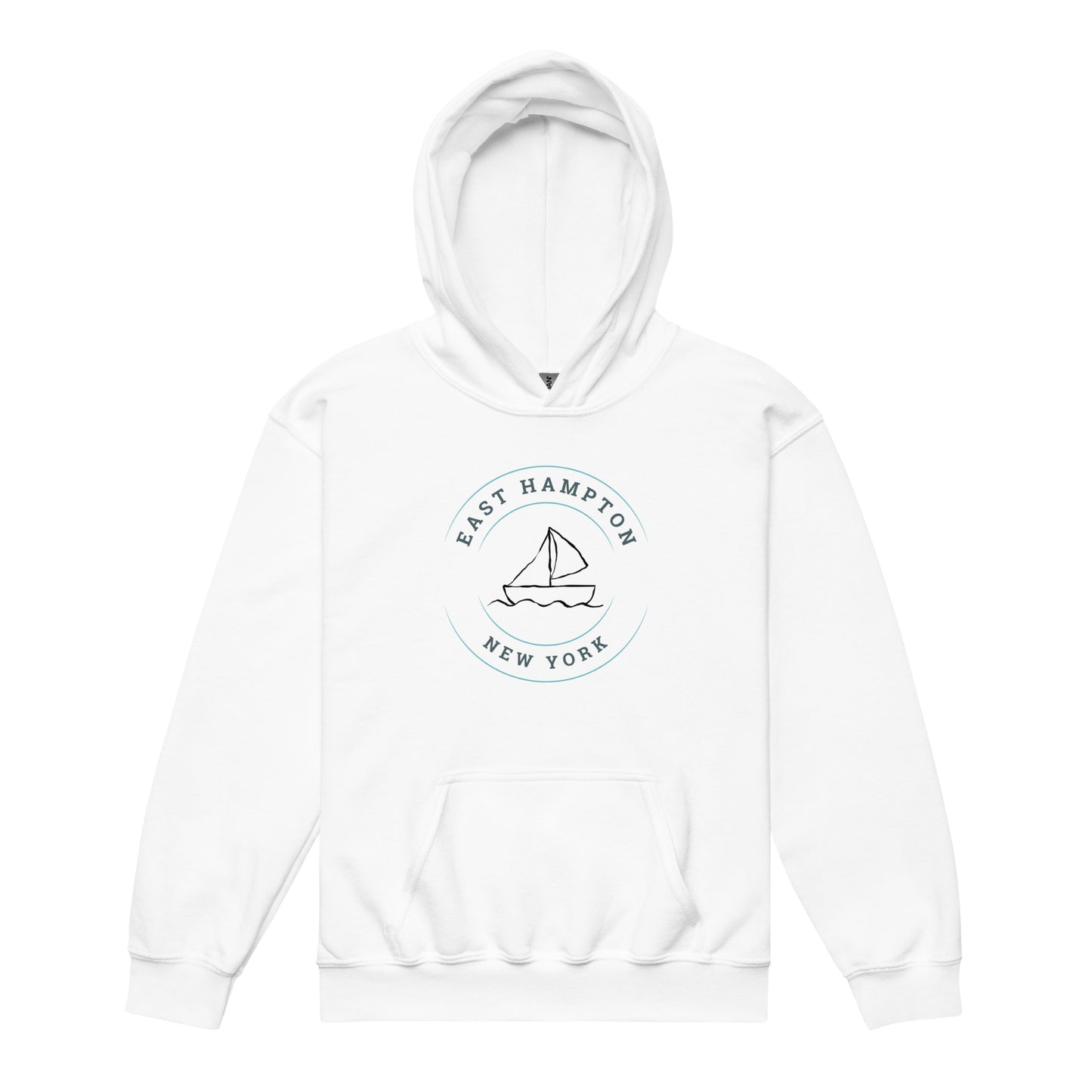 White Kids East Hampton Sweatshirt with sailboat graphic and East Hampton New York lettering, unisex cozy crewneck for beachwear.