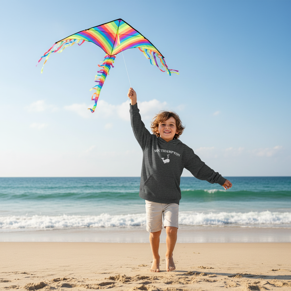Child holding a colorful kite on a beach with blue sky and ocean.