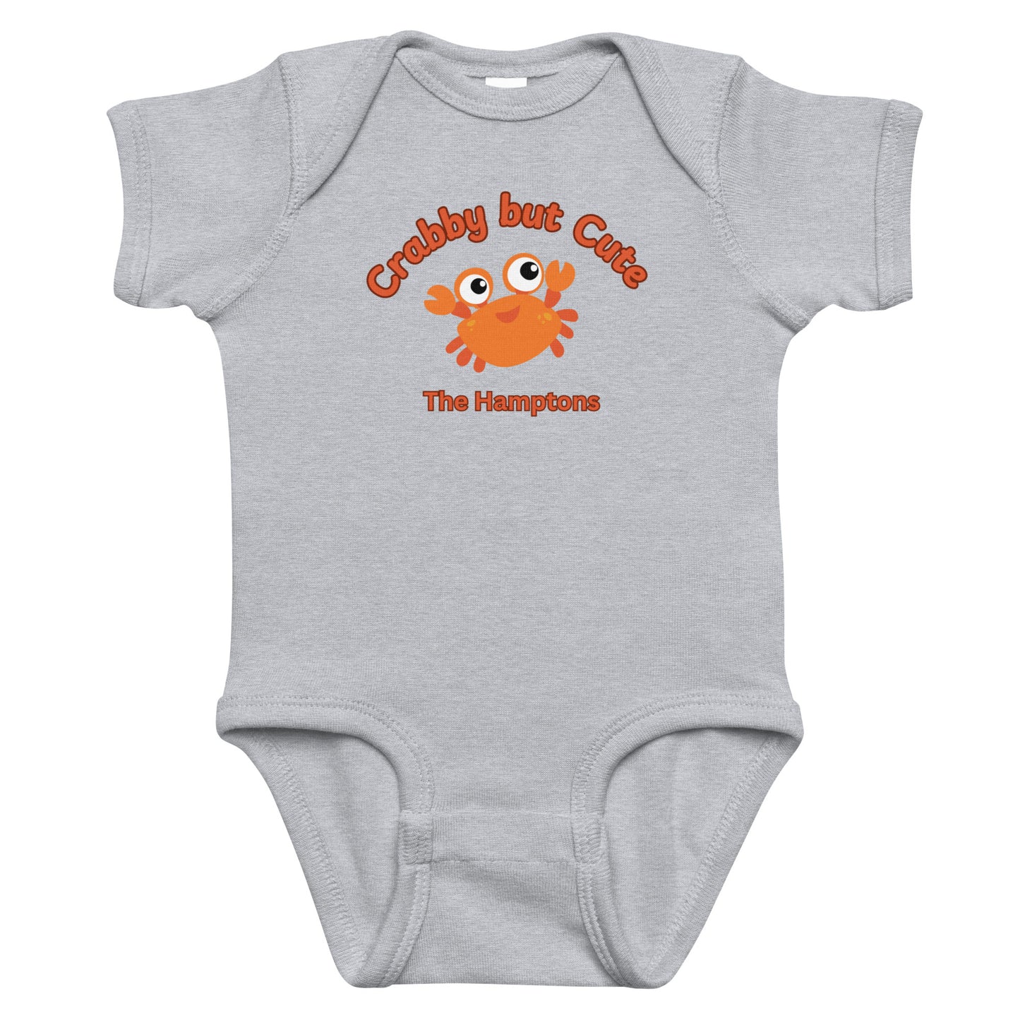 Gray Crabby but Cute Hamptons Onesie featuring a cartoon crab and red text, made from soft cotton for baby comfort and easy diaper changes.