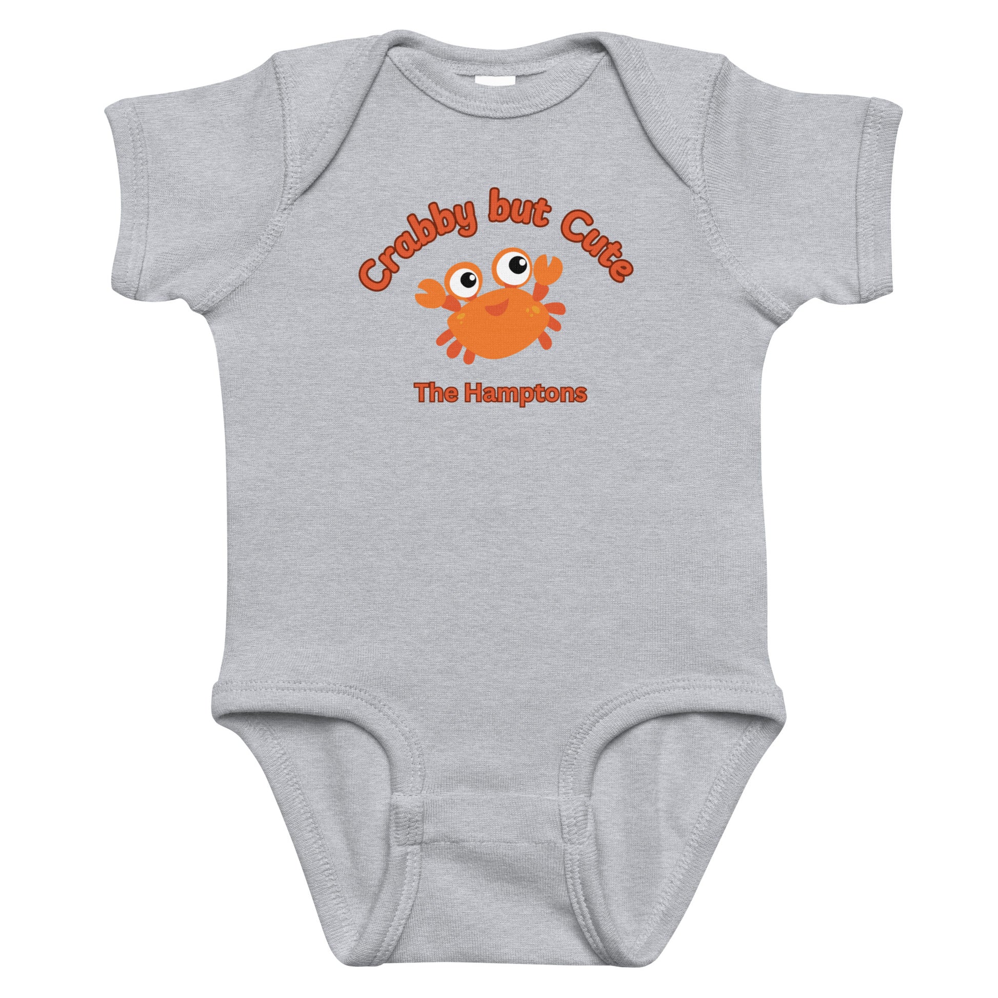 Gray Crabby but Cute Hamptons Onesie featuring a cartoon crab and red text, made from soft cotton for baby comfort and easy diaper changes.