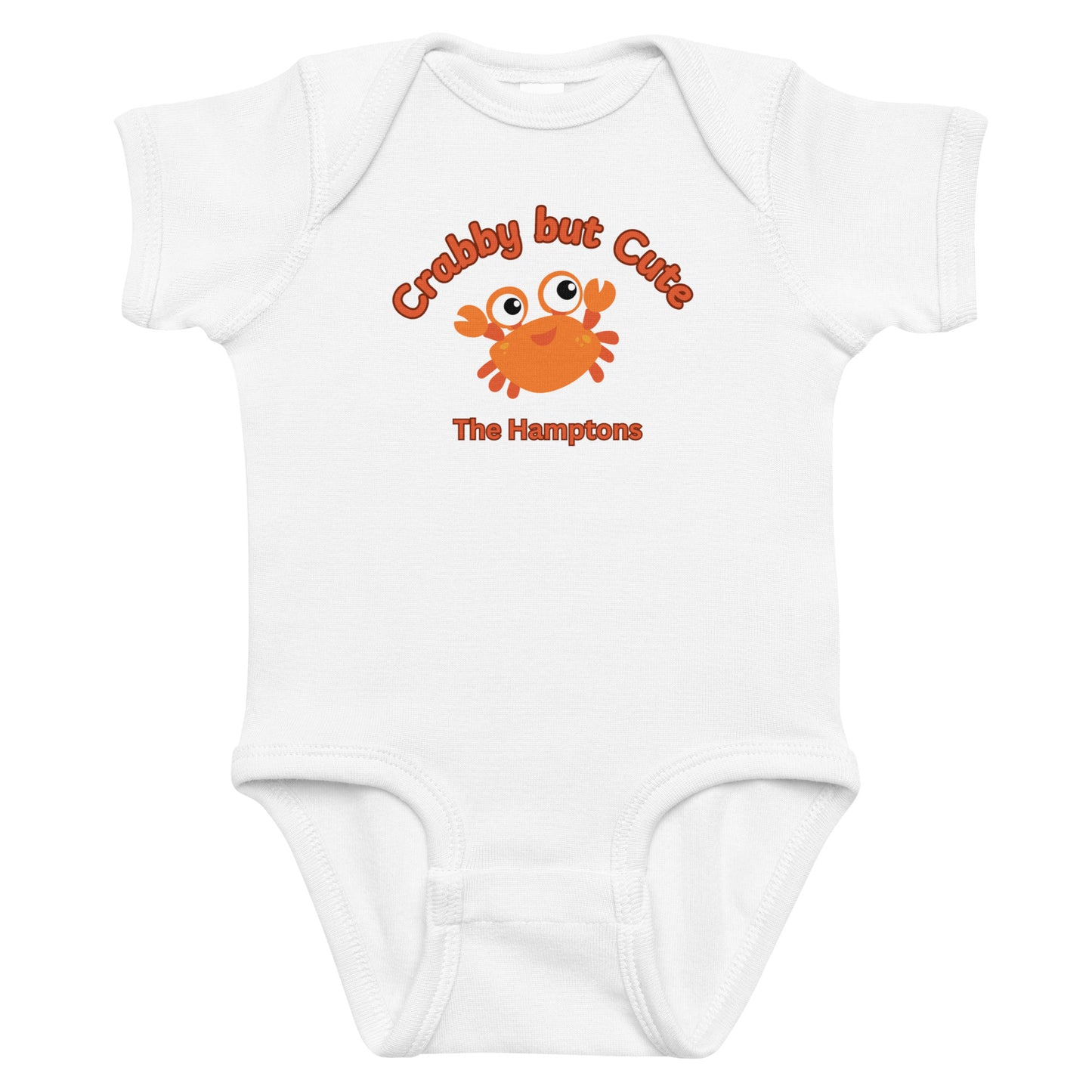 White Crabby but Cute Hamptons Onesie with playful crab graphic and red lettering, perfect for coastal baby clothing and summer baby gifts.