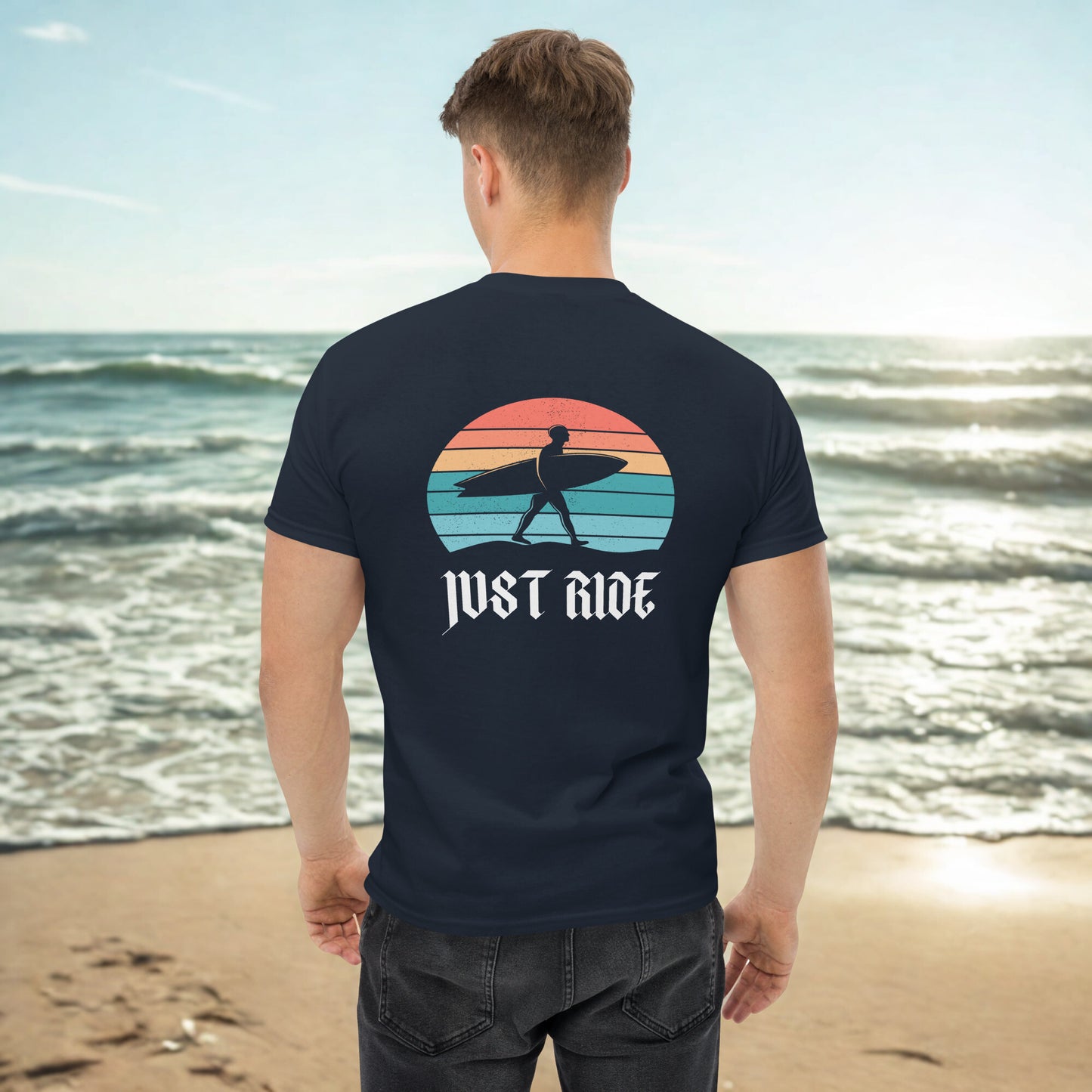 Just Ride Surf T-Shirt in navy with vintage surf graphic of a surfer silhouette and sunset, ideal for beachwear and coastal streetwear style.