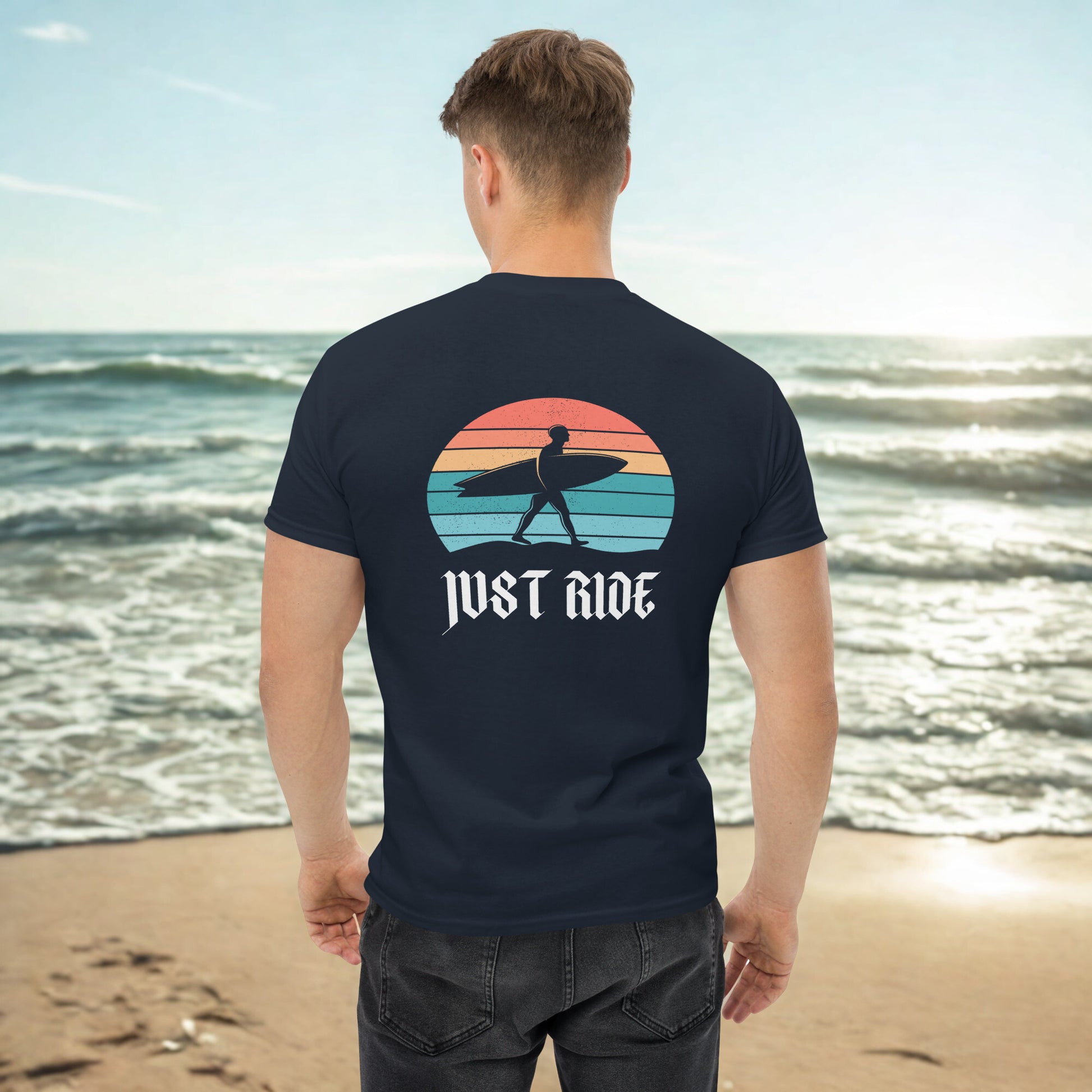 Just Ride Surf T-Shirt in navy with vintage surf graphic of a surfer silhouette and sunset, ideal for beachwear and coastal streetwear style.