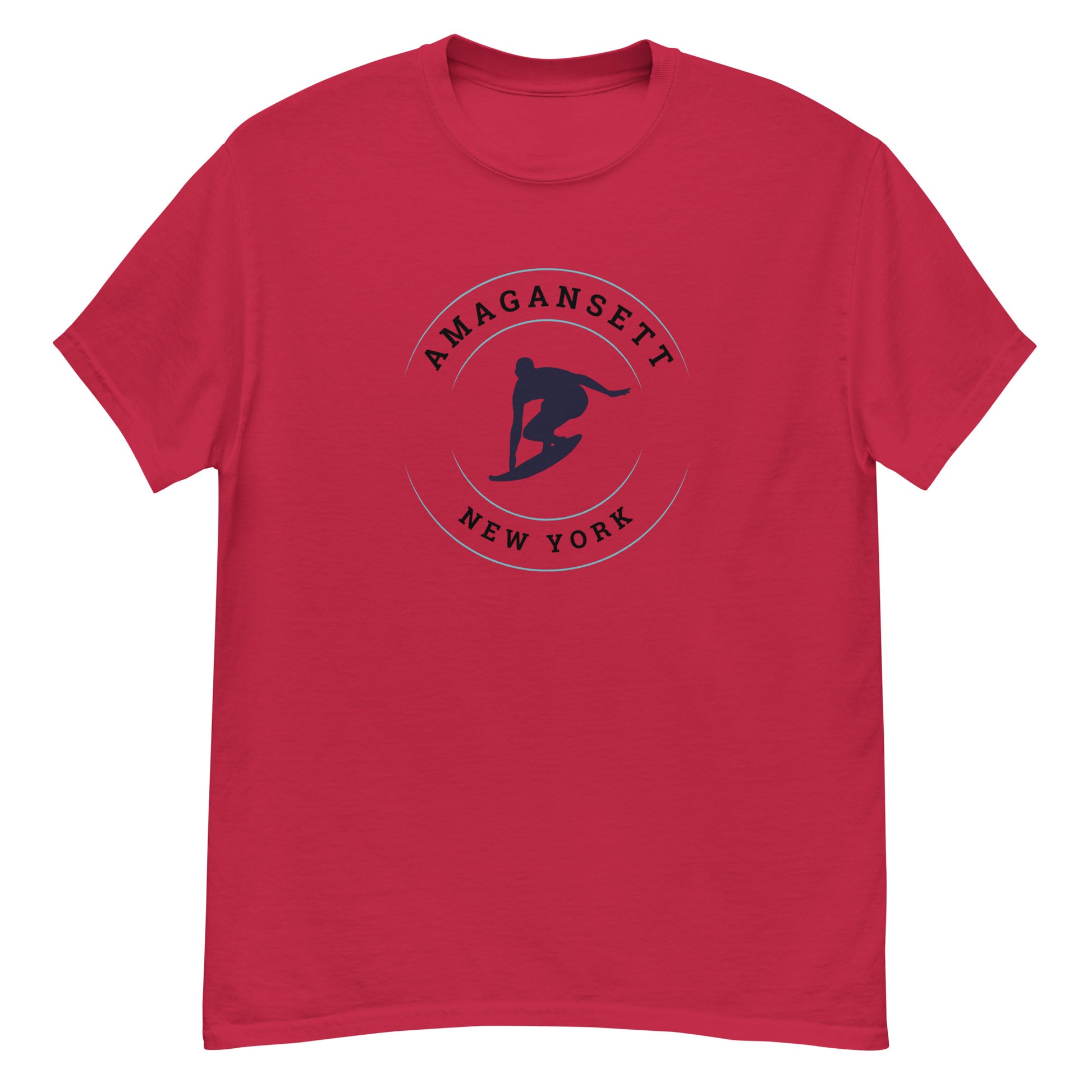 Red Amagansett Surfing T-Shirt – Retro Surf Tee with navy surfer logo and Amagansett New York text, ideal for vintage beachwear lovers.