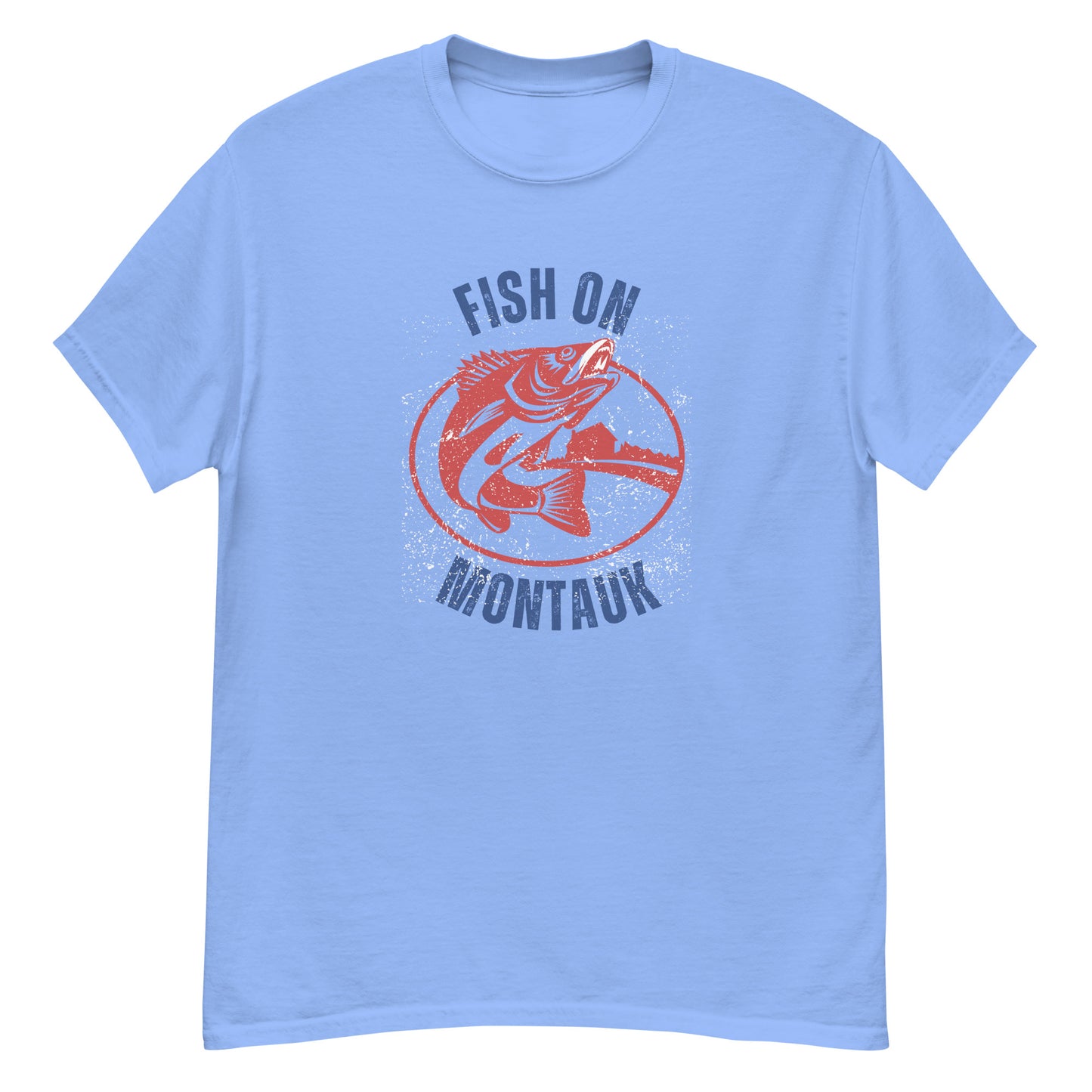 Light blue Montauk Fishing T-Shirt with vintage red fish graphic and blue 'Fish On Montauk' text, great for coastal adventures.
