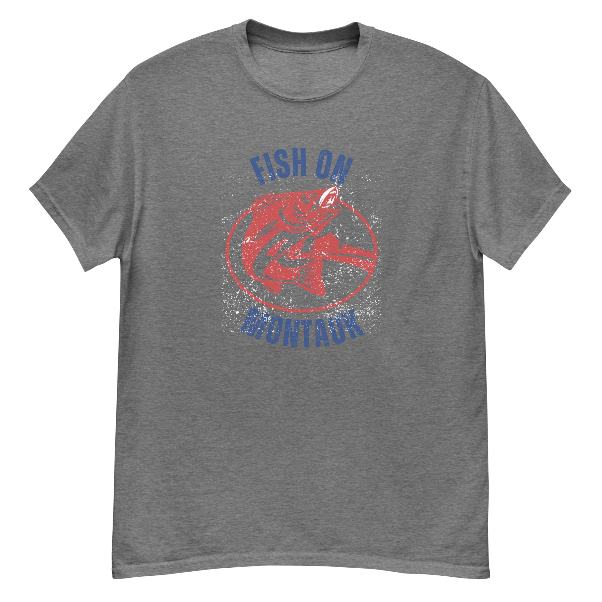 Unisex Montauk Fishing T-Shirt in heather gray featuring a red striped bass and 'Fish On Montauk' print for beach town style.