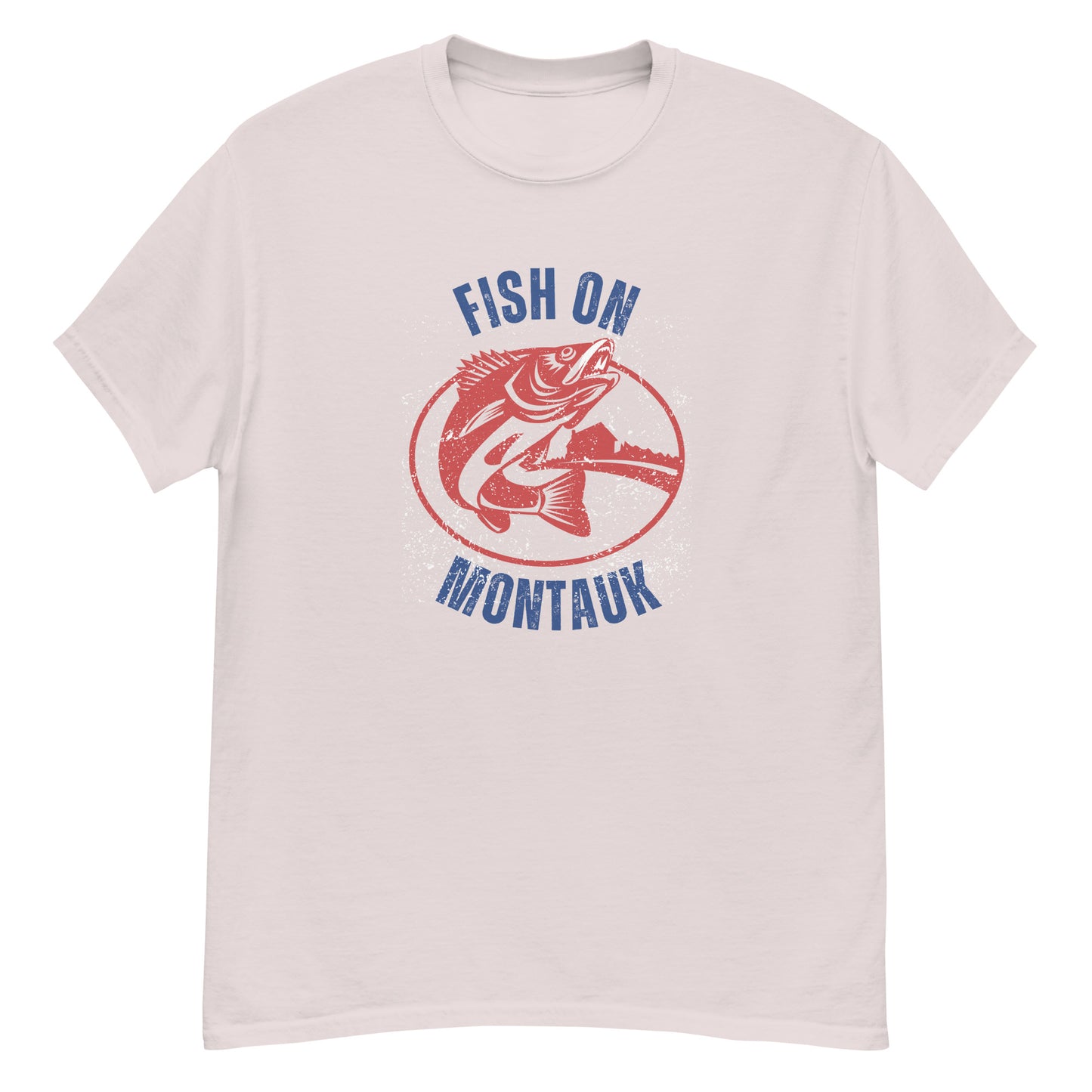 Light pink Montauk Fishing T-Shirt with red fish print and blue 'Fish On Montauk' lettering, a stylish unisex coastal tee.