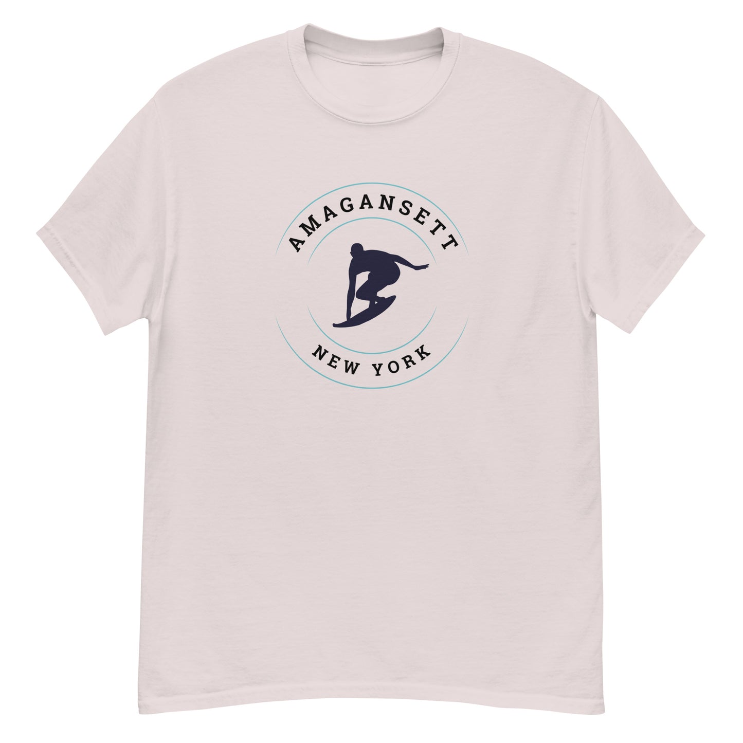 Light pink Amagansett Surfing T-Shirt – Retro Surf Tee with navy surf graphic, ideal for vintage surf shirt fans and casual summer wear.