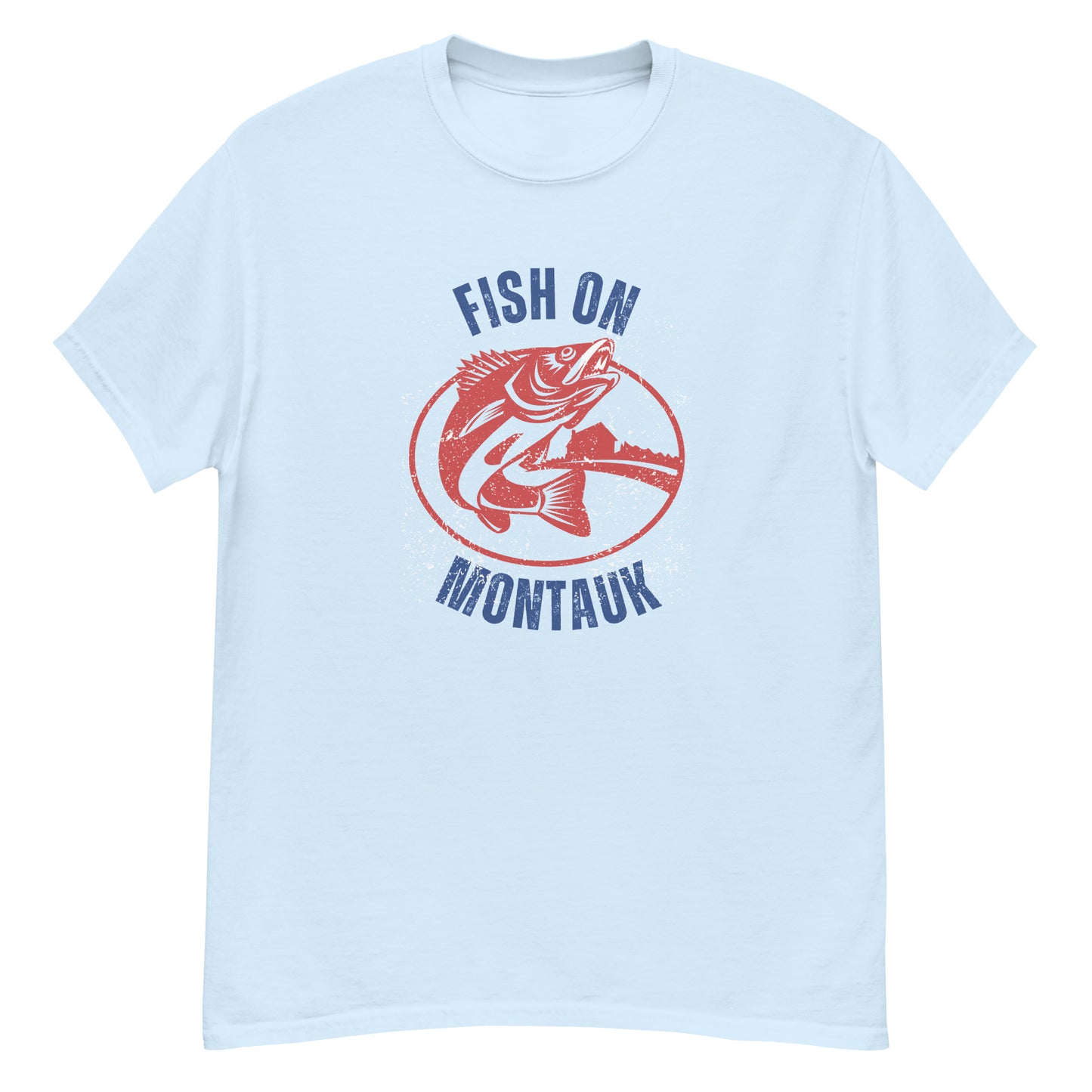 Pale blue Montauk Fishing T-Shirt with red fish artwork and blue text, a vintage-style tee for ocean and fishing lovers.