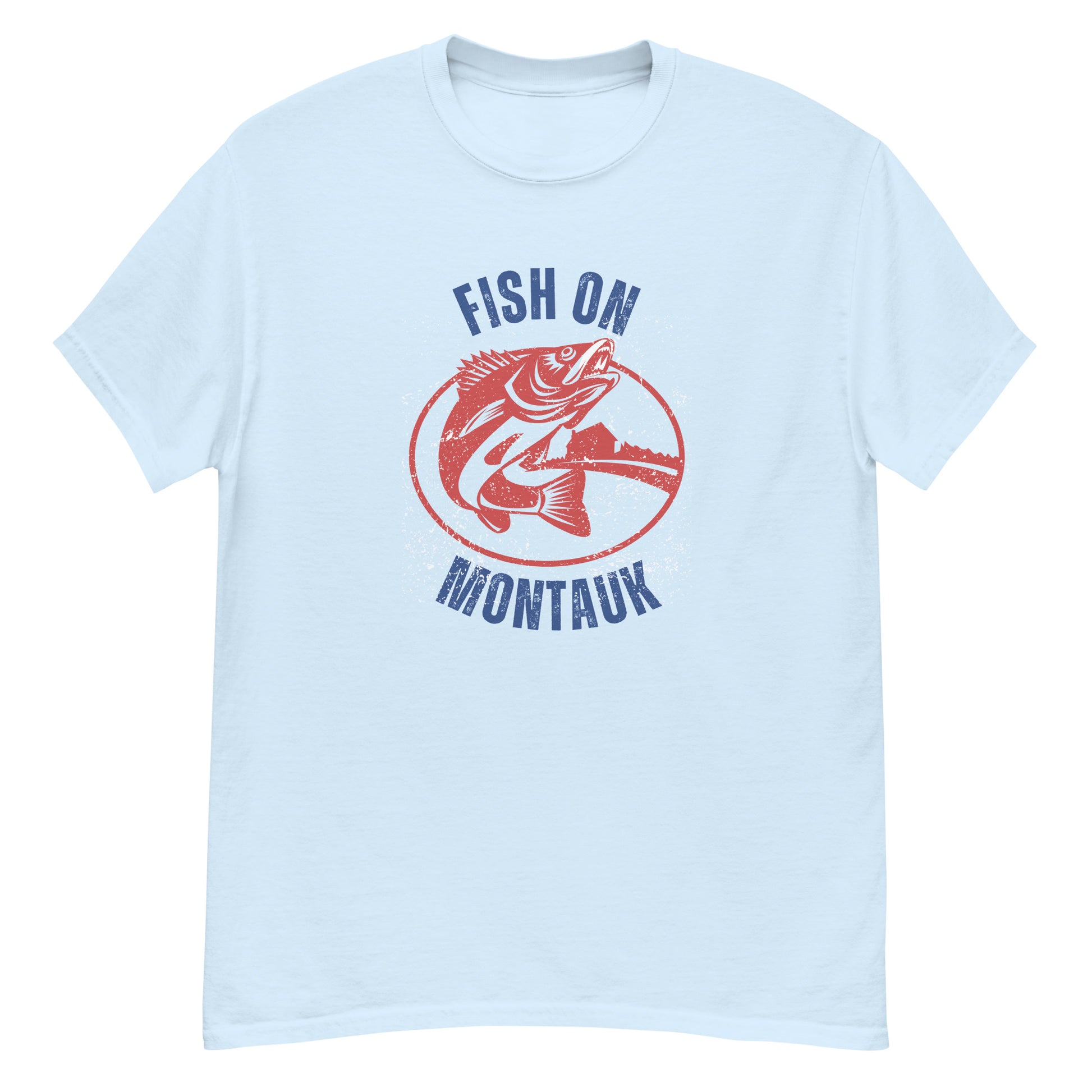 Pale blue Montauk Fishing T-Shirt with red fish artwork and blue text, a vintage-style tee for ocean and fishing lovers.