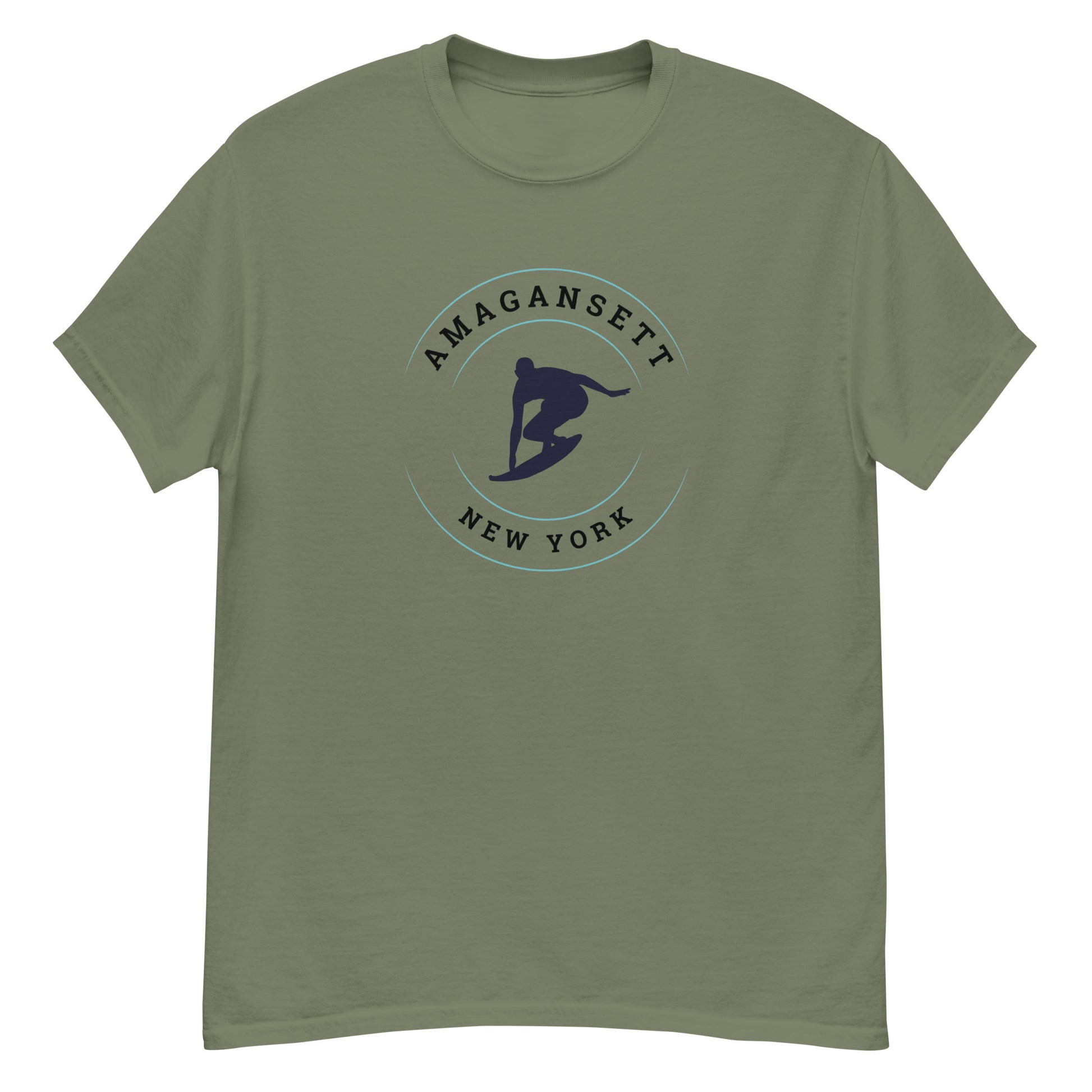 Olive green Amagansett Surfing T-Shirt – Retro Surf Tee featuring vintage-style surfer emblem and bold beach town lettering.