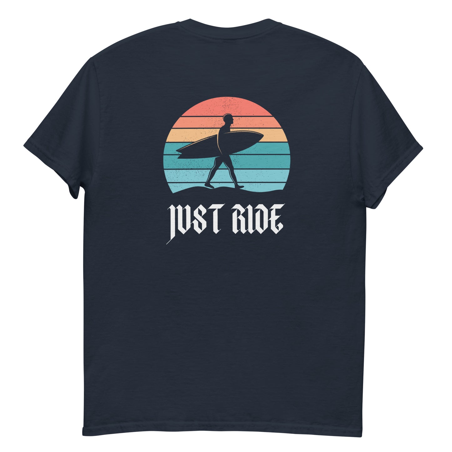 Navy Just Ride Surf T-Shirt with colorful vintage surf graphic, great for ocean lovers and unisex coastal apparel collections.