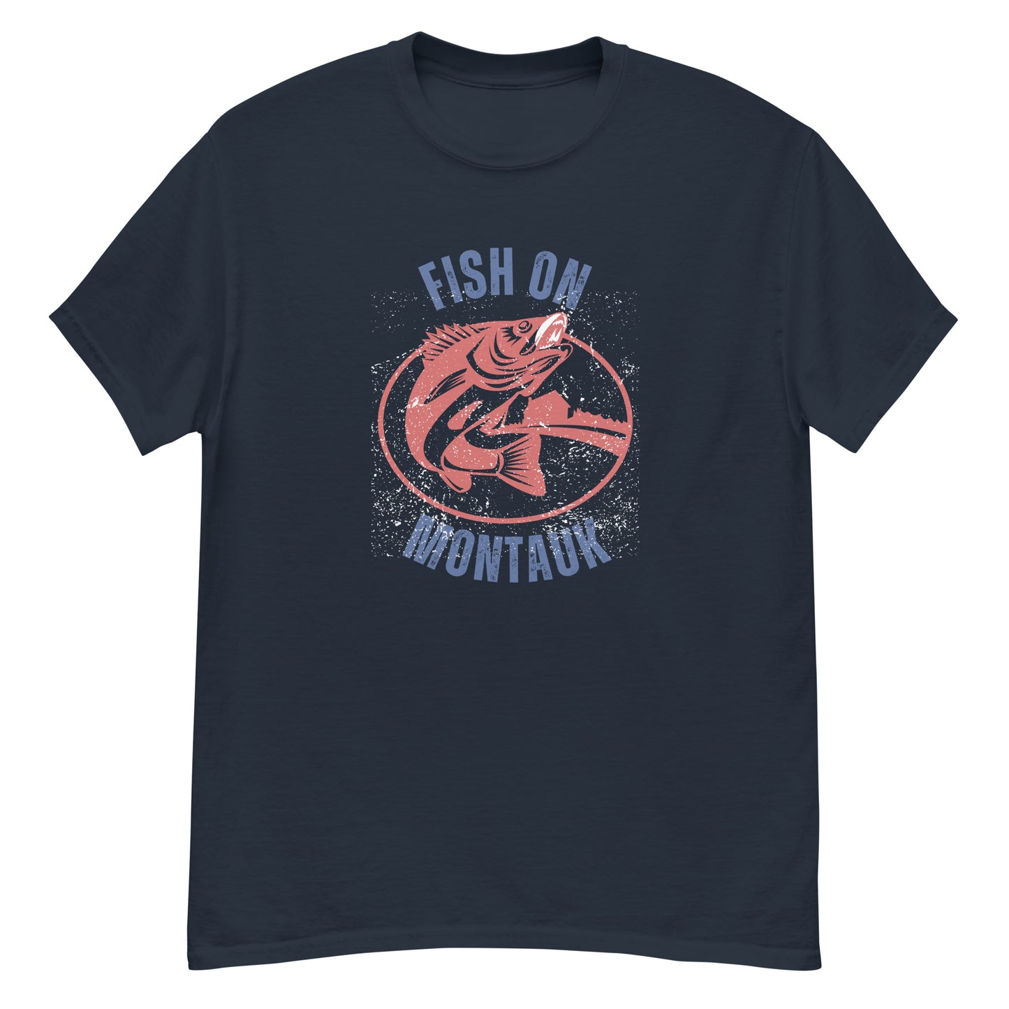 Montauk Fishing T-Shirt in navy blue with distressed red fish graphic and bold 'Fish On Montauk' lettering, perfect for coastal streetwear.