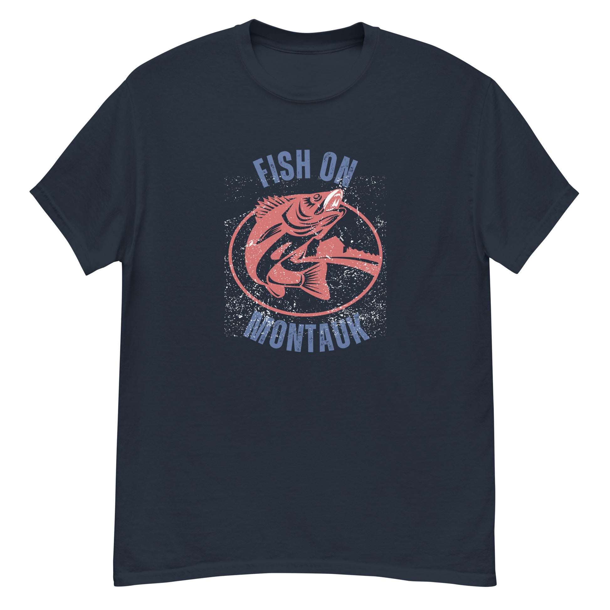 Montauk Fishing T-Shirt in navy blue with distressed red fish graphic and bold 'Fish On Montauk' lettering, perfect for coastal streetwear.
