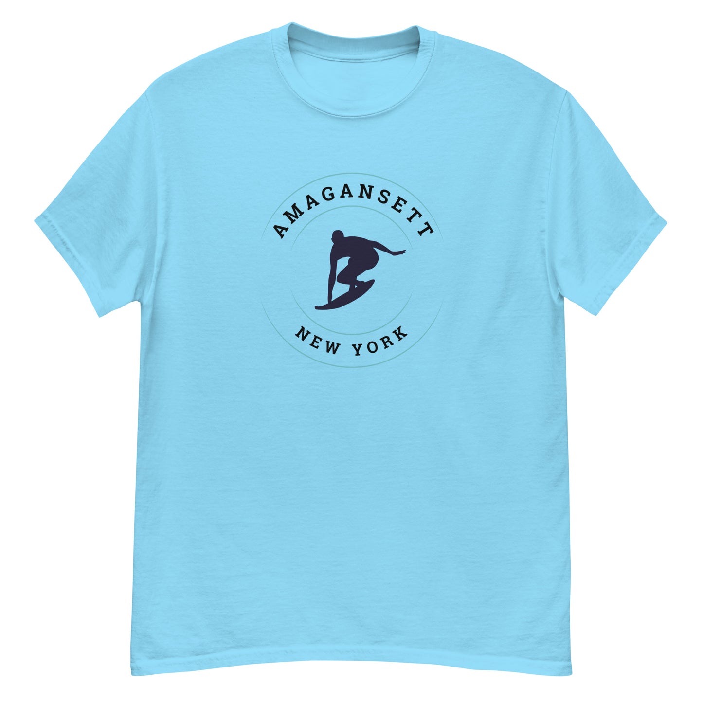 Sky blue Amagansett Surfing T-Shirt – Retro Surf Tee with dark surfer silhouette, perfect for vintage surf style and summer streetwear.