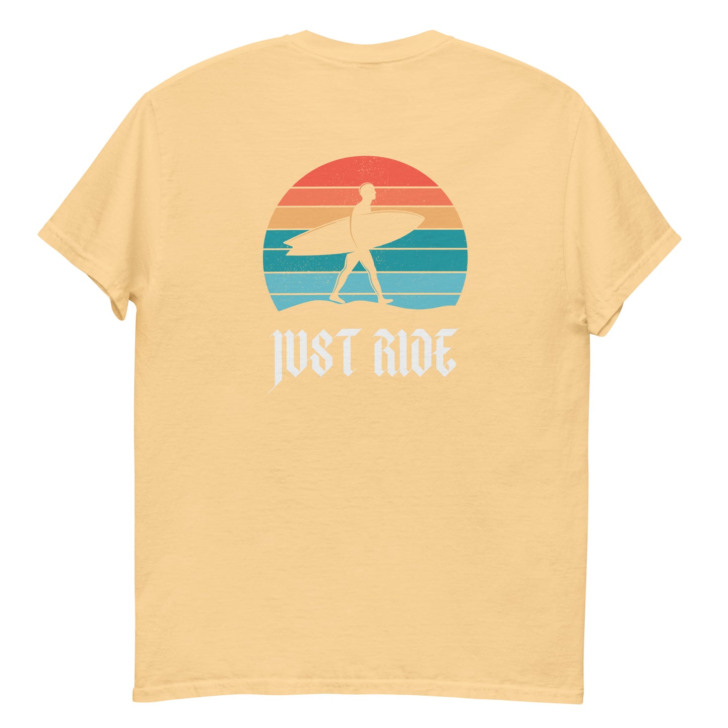 Light yellow Just Ride Surf T-Shirt with vintage surfer and sunset print, great for casual beachwear and summer streetwear.