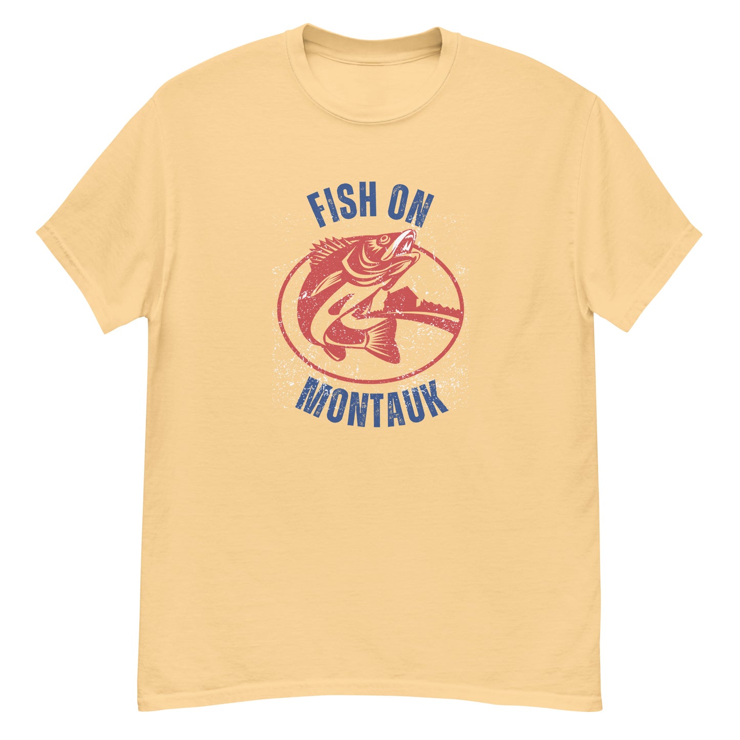 Soft yellow Montauk Fishing T-Shirt with red fish graphic and blue text, offering a retro look for Long Island surf enthusiasts.