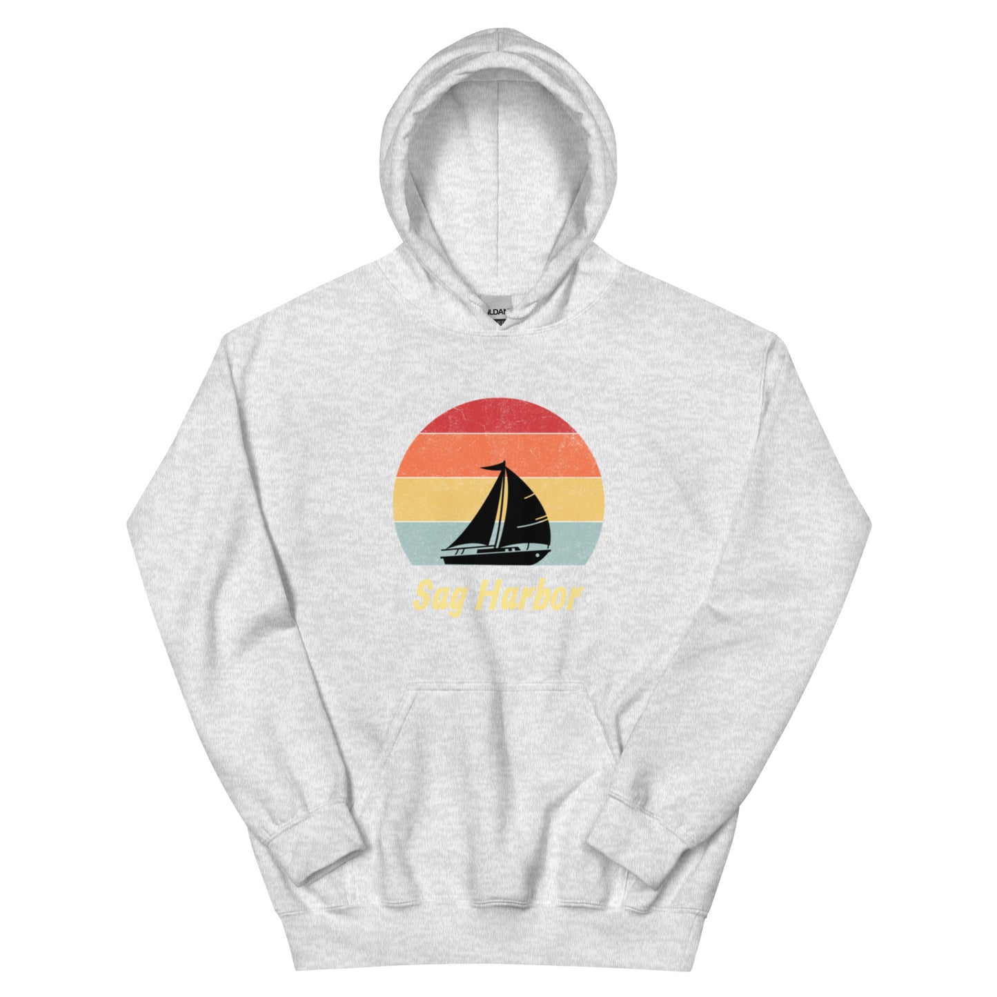 Heather gray Sag Harbor Unisex Hoodie - Coastal Comfort & Style with vintage sailboat design, great for cozy Hamptons style clothing.