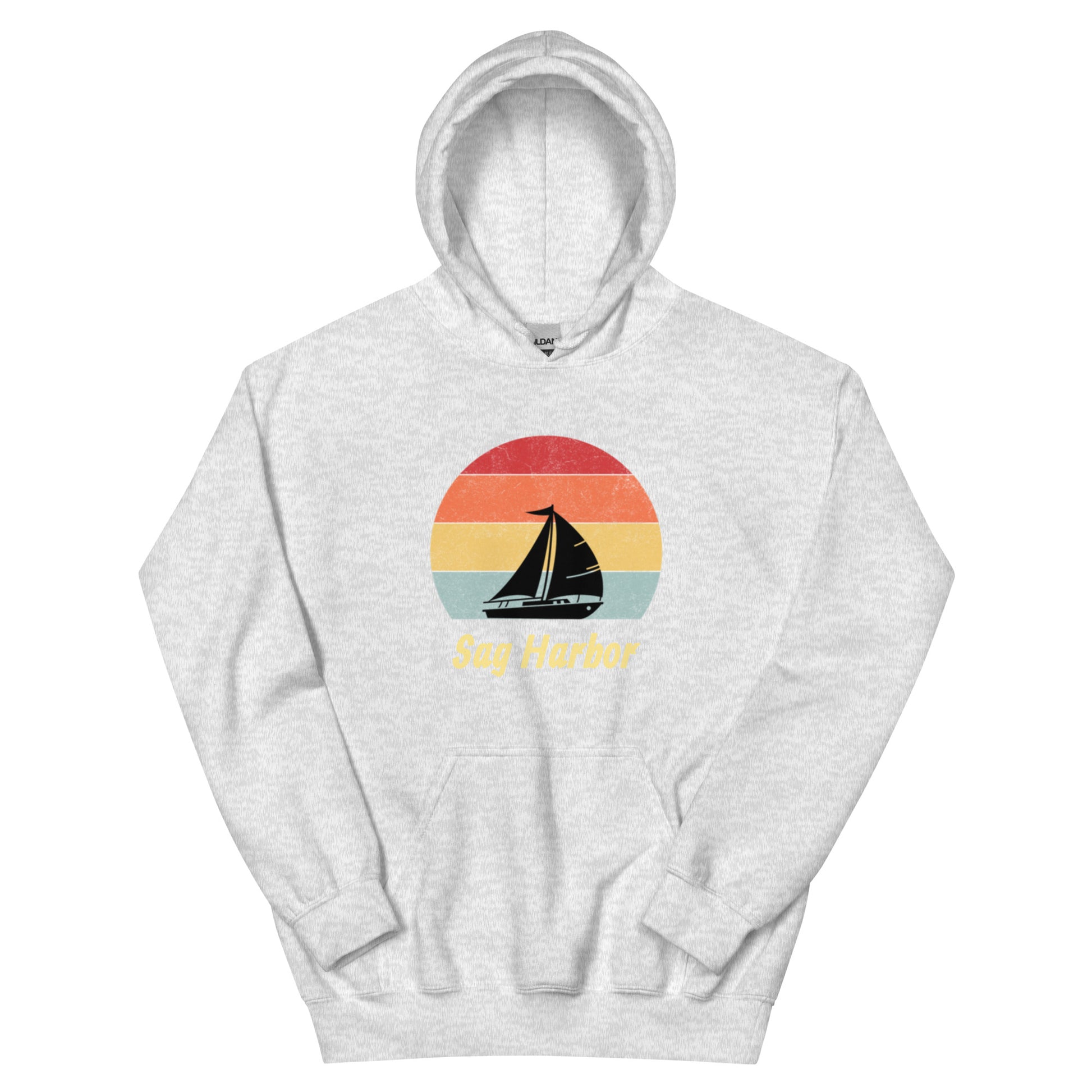 Heather gray Sag Harbor Unisex Hoodie - Coastal Comfort & Style with vintage sailboat design, great for cozy Hamptons style clothing.