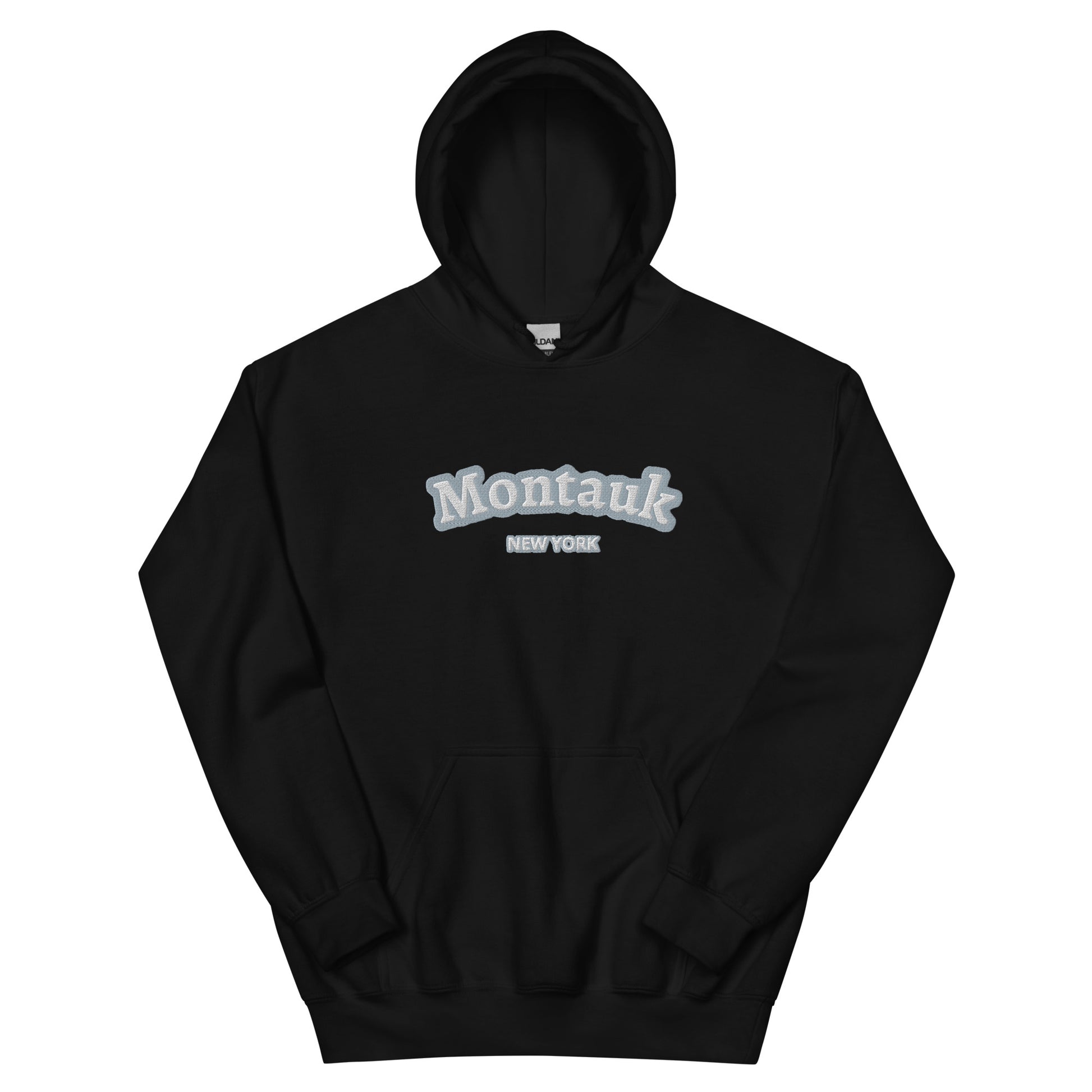 Montauk Embroidered Hoodie - Unisex Coastal Sweatshirt in black with white embroidered text, ideal for beach town and Hamptons style.