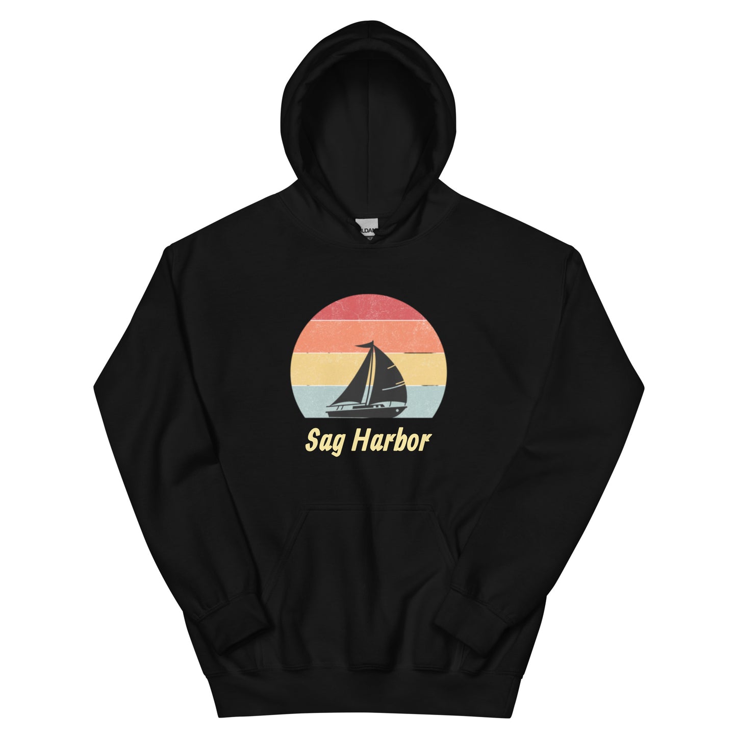 Black Sag Harbor Unisex Hoodie - Coastal Comfort & Style with vintage sailboat design, ideal for cozy East End apparel lovers.