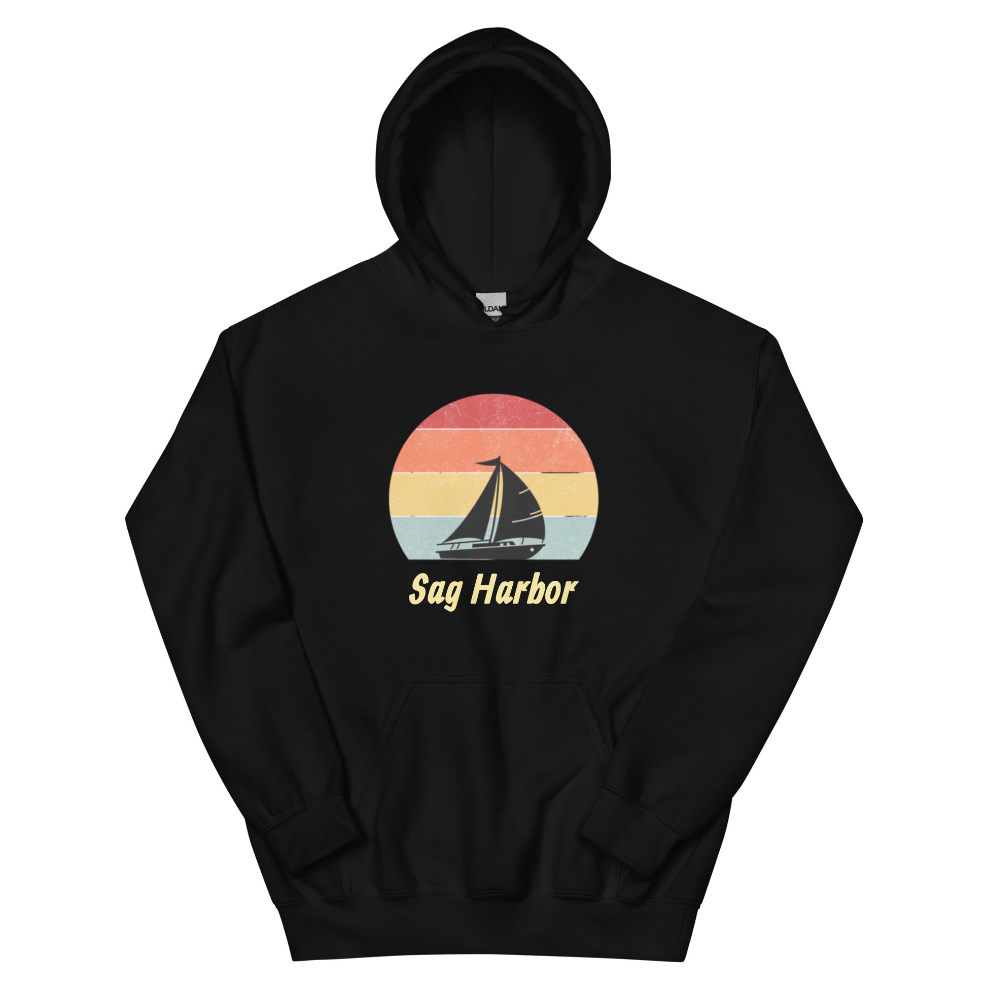 Black Sag Harbor Unisex Hoodie - Coastal Comfort & Style with vintage sailboat design, ideal for cozy East End apparel lovers.
