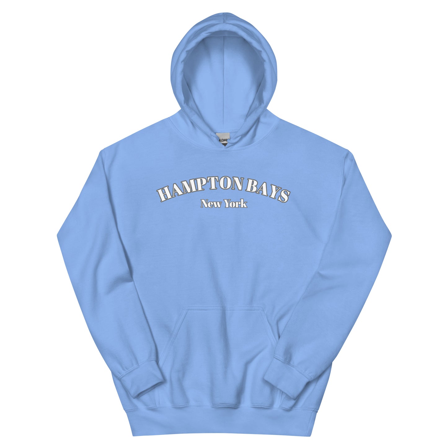 Sky blue Hampton Bays Hoodie flat lay, soft cotton unisex sweatshirt perfect for seaside comfort and preppy beachwear.