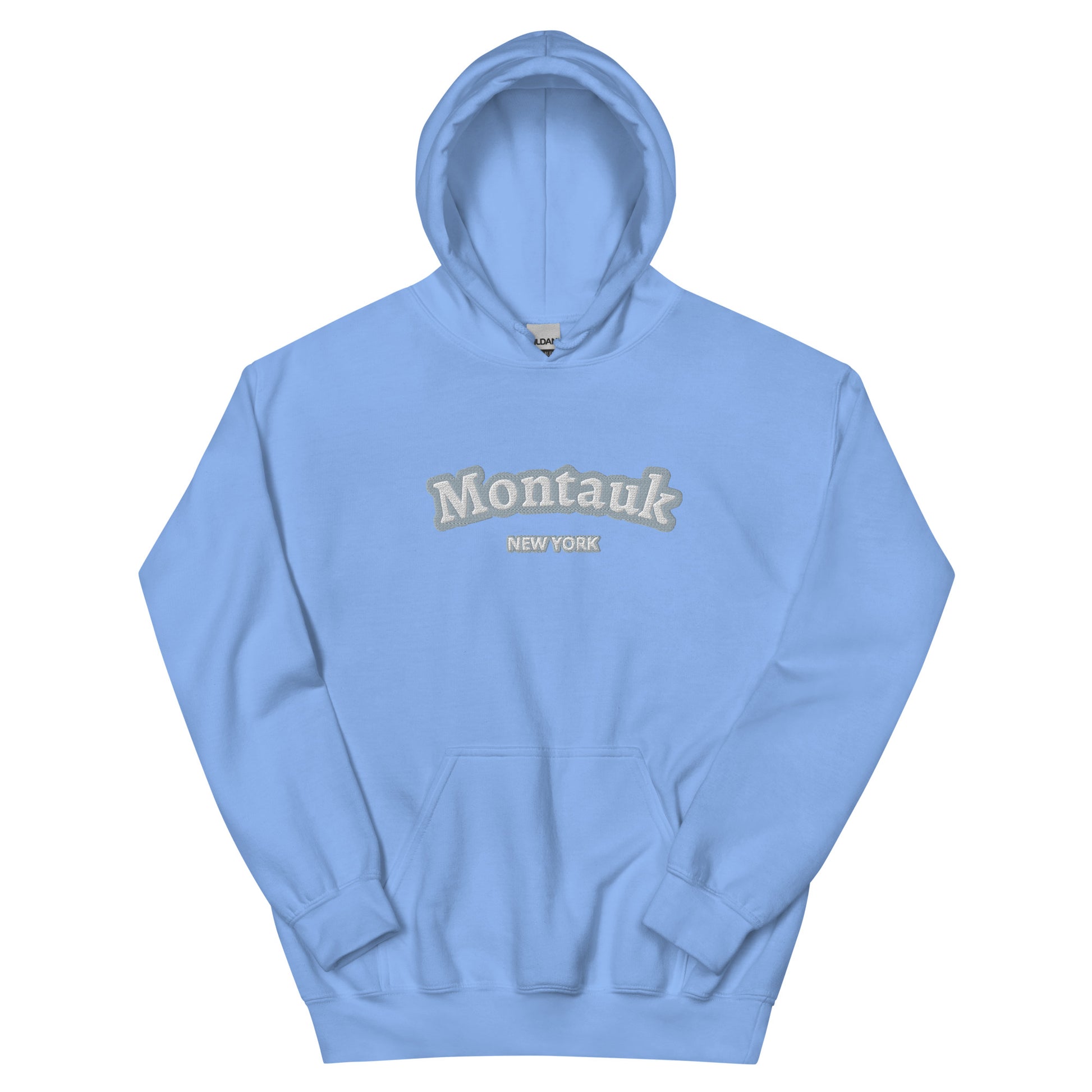 Sky blue Montauk Embroidered Hoodie - Unisex Coastal Sweatshirt with soft white embroidery, great for New York beachwear and surfside goods.
