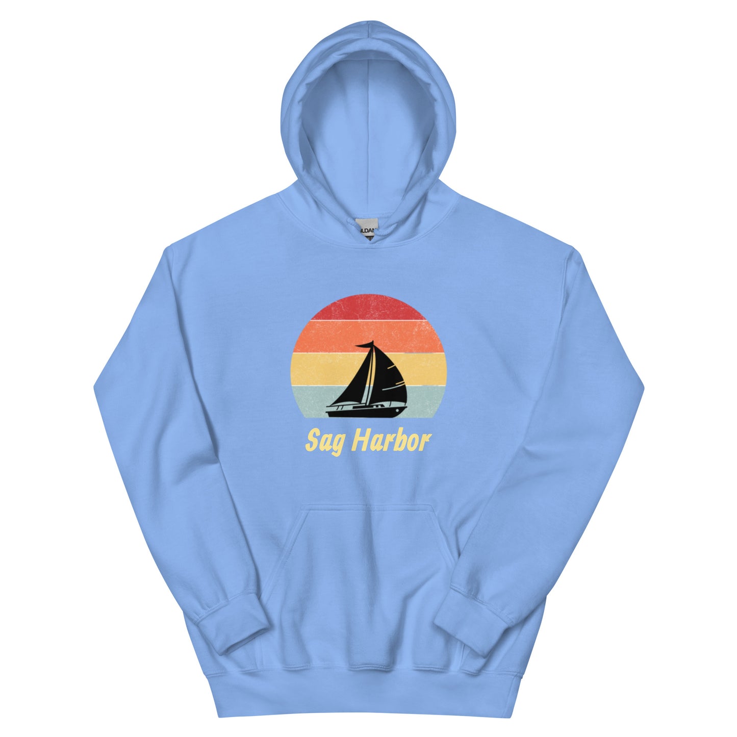 Light blue Sag Harbor Unisex Hoodie - Coastal Comfort & Style with retro beach sailboat design, perfect for cozy coastal sweatshirt wear.