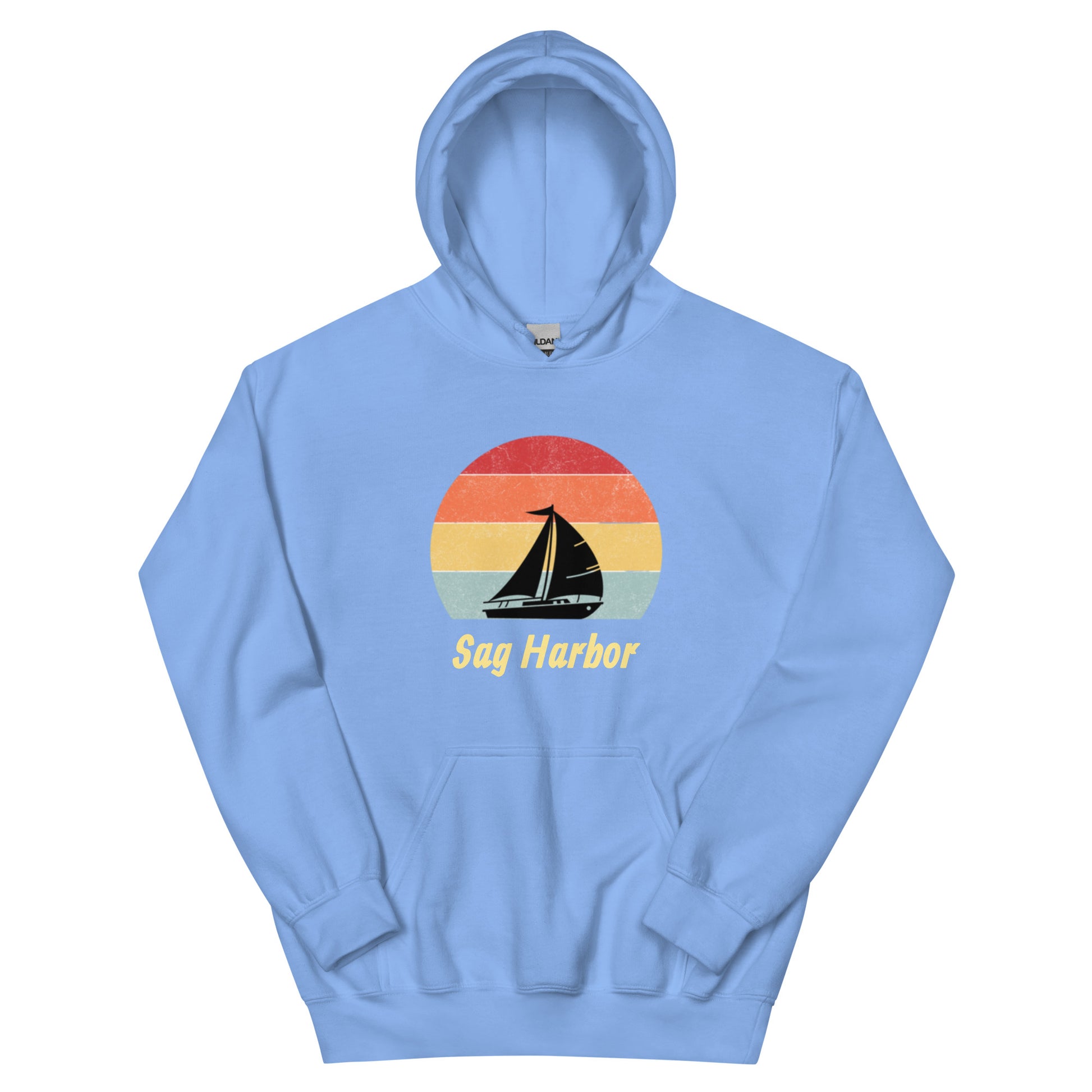 Light blue Sag Harbor Unisex Hoodie - Coastal Comfort & Style with retro beach sailboat design, perfect for cozy coastal sweatshirt wear.