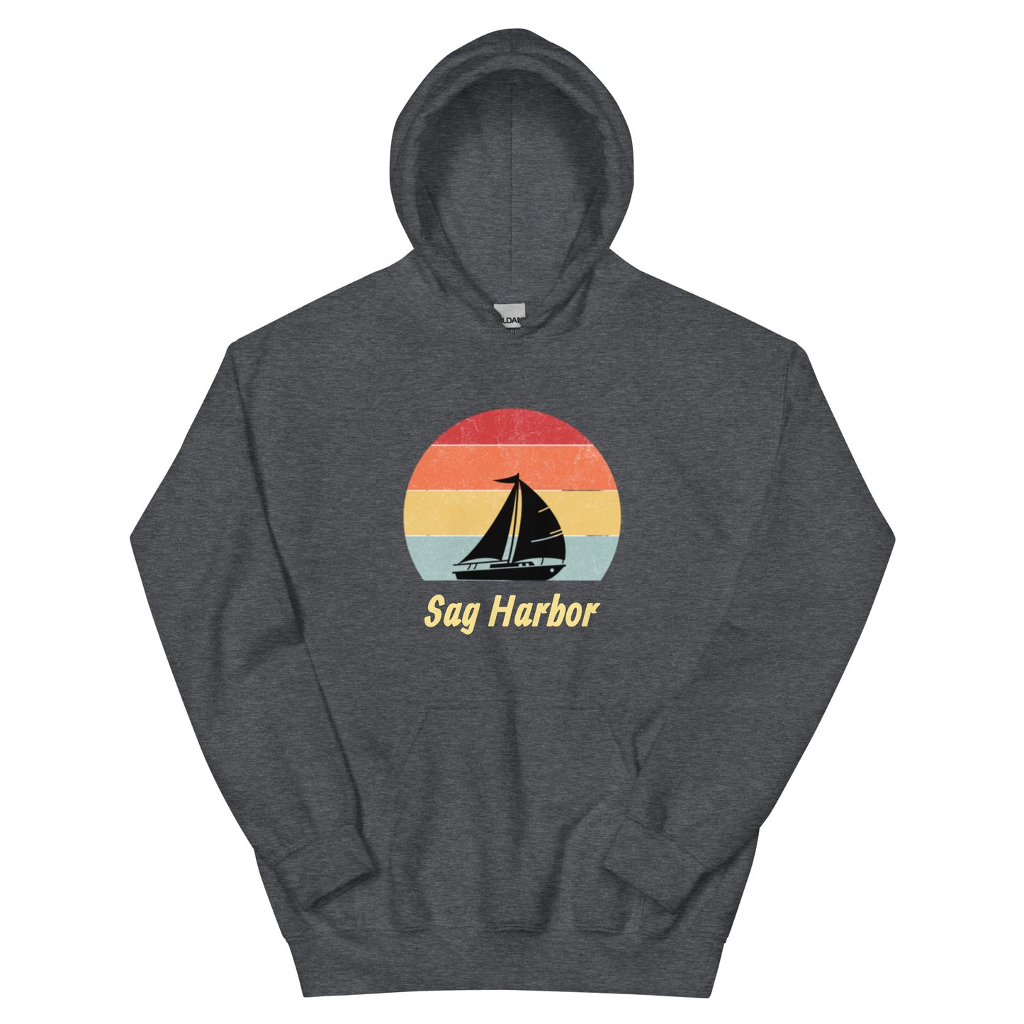 Dark heather gray Sag Harbor Unisex Hoodie - Coastal Comfort & Style with retro nautical design, ideal for cozy coastal sweatshirt fans.