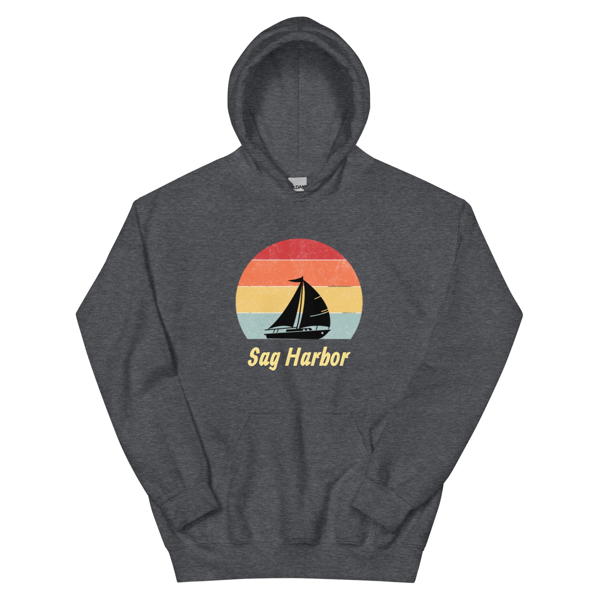 Dark heather gray Sag Harbor Unisex Hoodie - Coastal Comfort & Style with retro nautical design, ideal for cozy coastal sweatshirt fans.