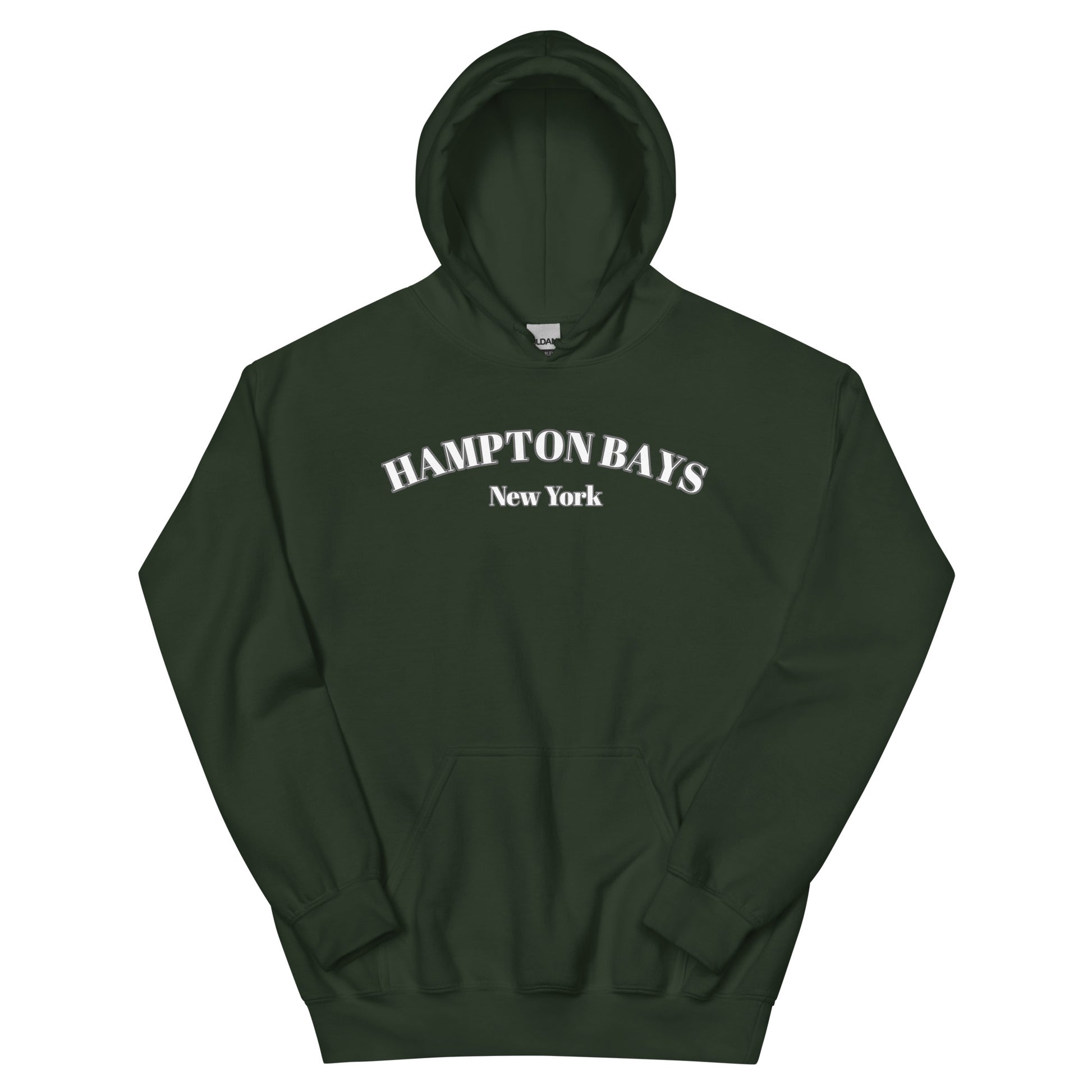 Dark green Hampton Bays Hoodie flat lay, soft cotton unisex sweatshirt for beach lovers and East Coast casual style.