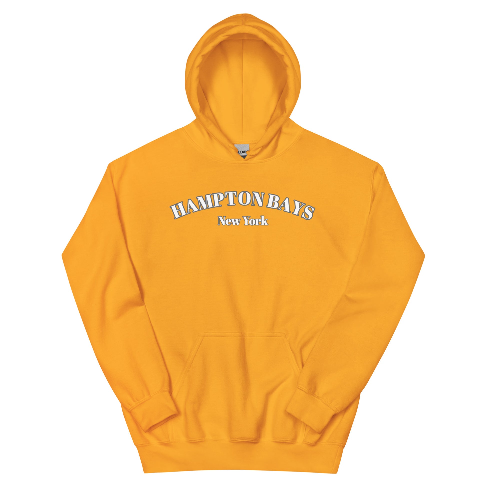 Golden yellow Hampton Bays Hoodie laid flat, cozy unisex hoodie for beach town adventures and fall layering.