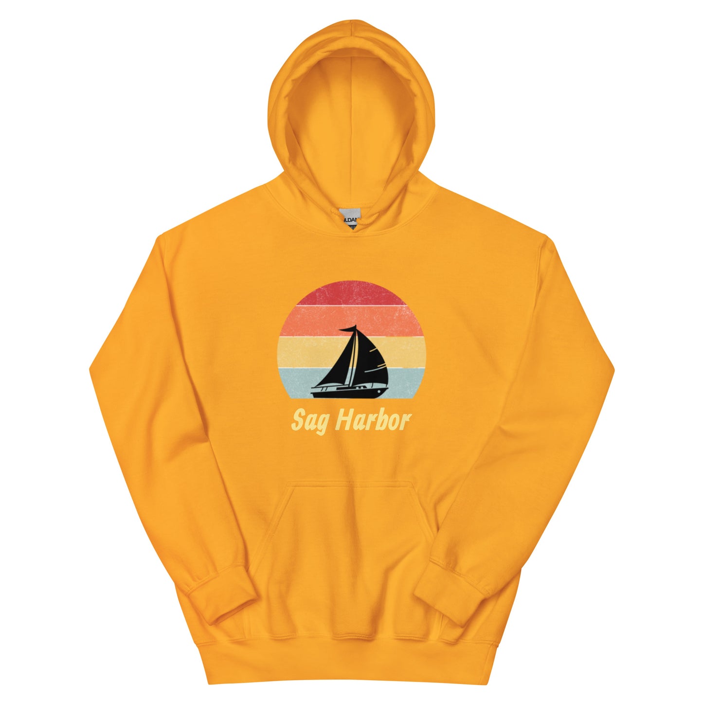 Gold Sag Harbor Unisex Hoodie - Coastal Comfort & Style featuring vintage sailboat and sunset print, ideal for Sag Harbor gift ideas.