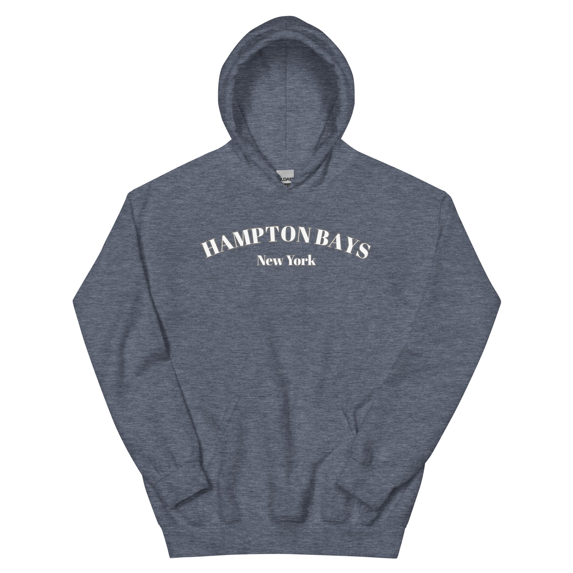 Heather navy Hampton Bays Hoodie displayed flat, cozy unisex sweatshirt for beach town lovers and casual coastal wear.