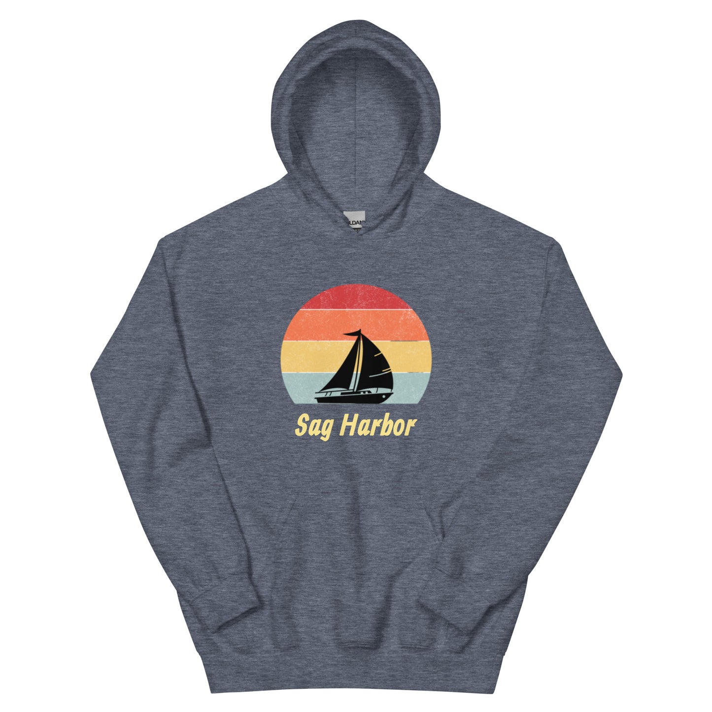 Heather blue Sag Harbor Unisex Hoodie - Coastal Comfort & Style featuring retro sailboat design, great for Sag Harbor clothing collections.