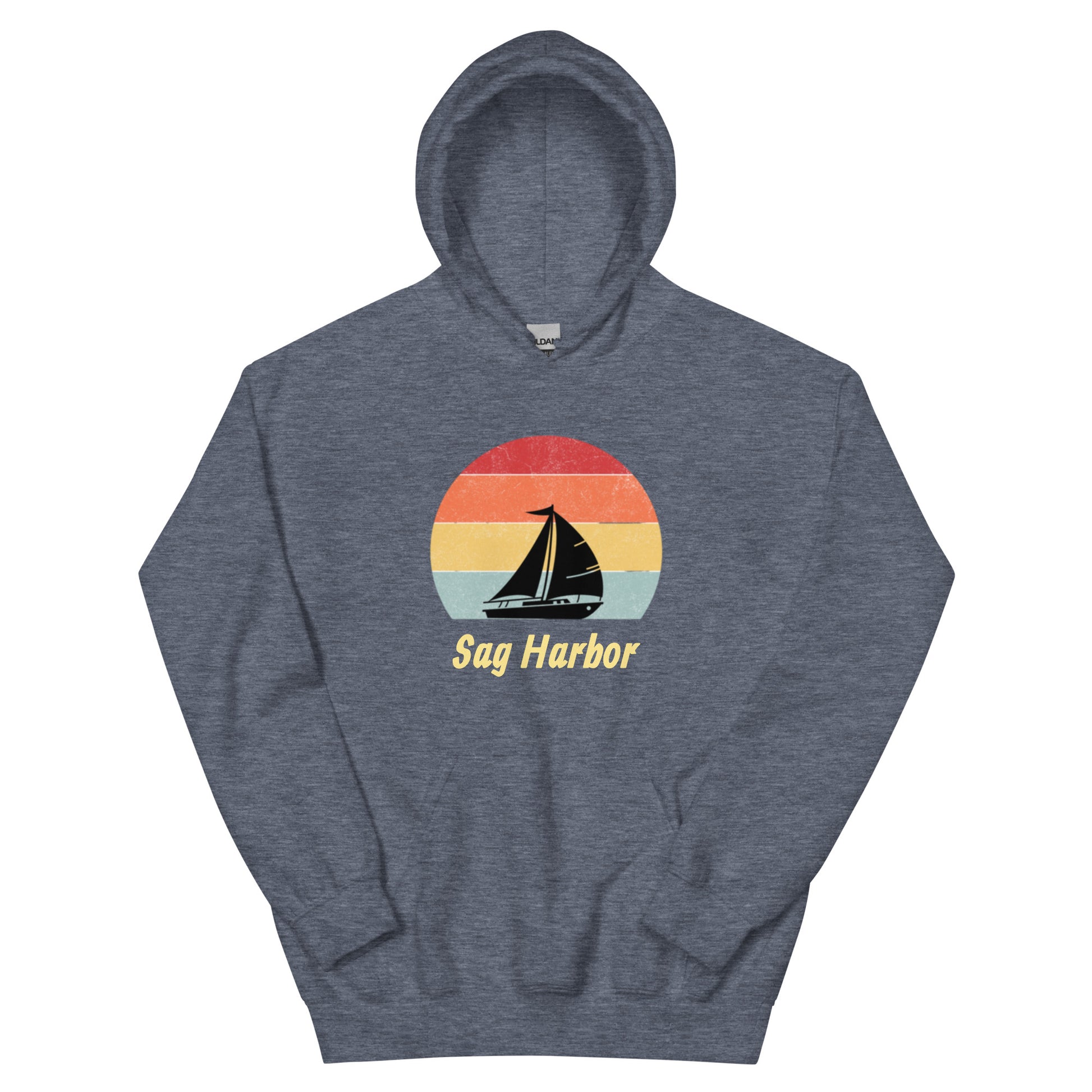 Heather blue Sag Harbor Unisex Hoodie - Coastal Comfort & Style featuring retro sailboat design, great for Sag Harbor clothing collections.