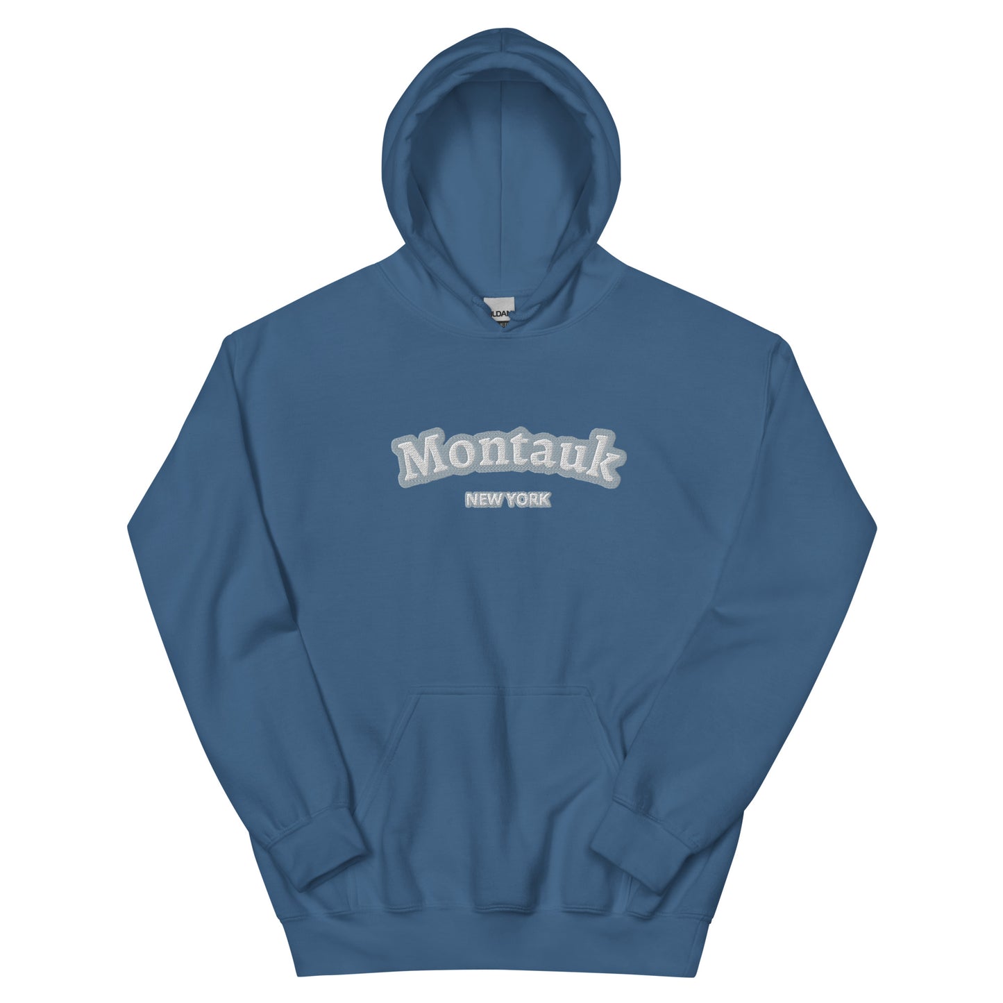 Steel blue Montauk Embroidered Hoodie - Unisex Coastal Sweatshirt, featuring Montauk New York embroidery for a laid-back beach vibe.