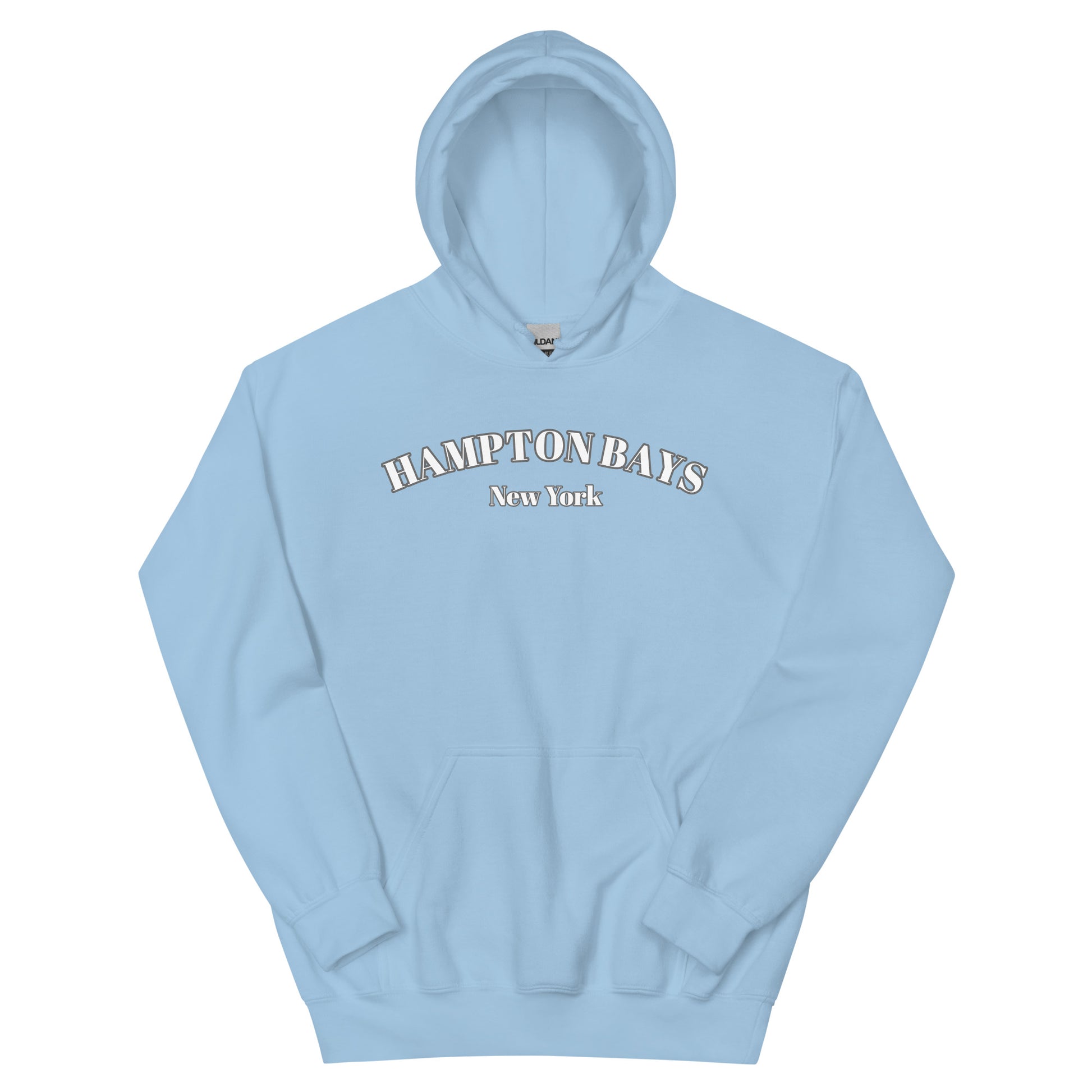 Pastel blue Hampton Bays Hoodie flat lay, soft unisex sweatshirt ideal for coastal evenings and relaxed surf style.