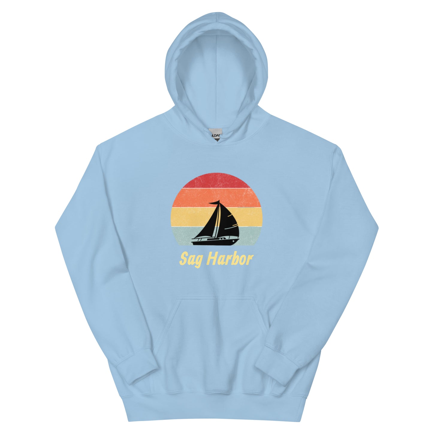 Sky blue Sag Harbor Unisex Hoodie - Coastal Comfort & Style with retro nautical graphic, perfect for East End apparel and beachwear.