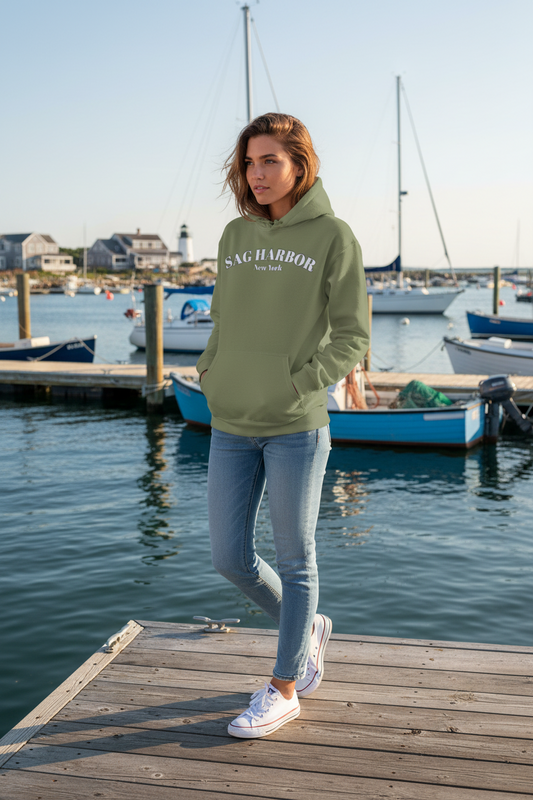 Sag Harbor NY hoodie in military green, front view