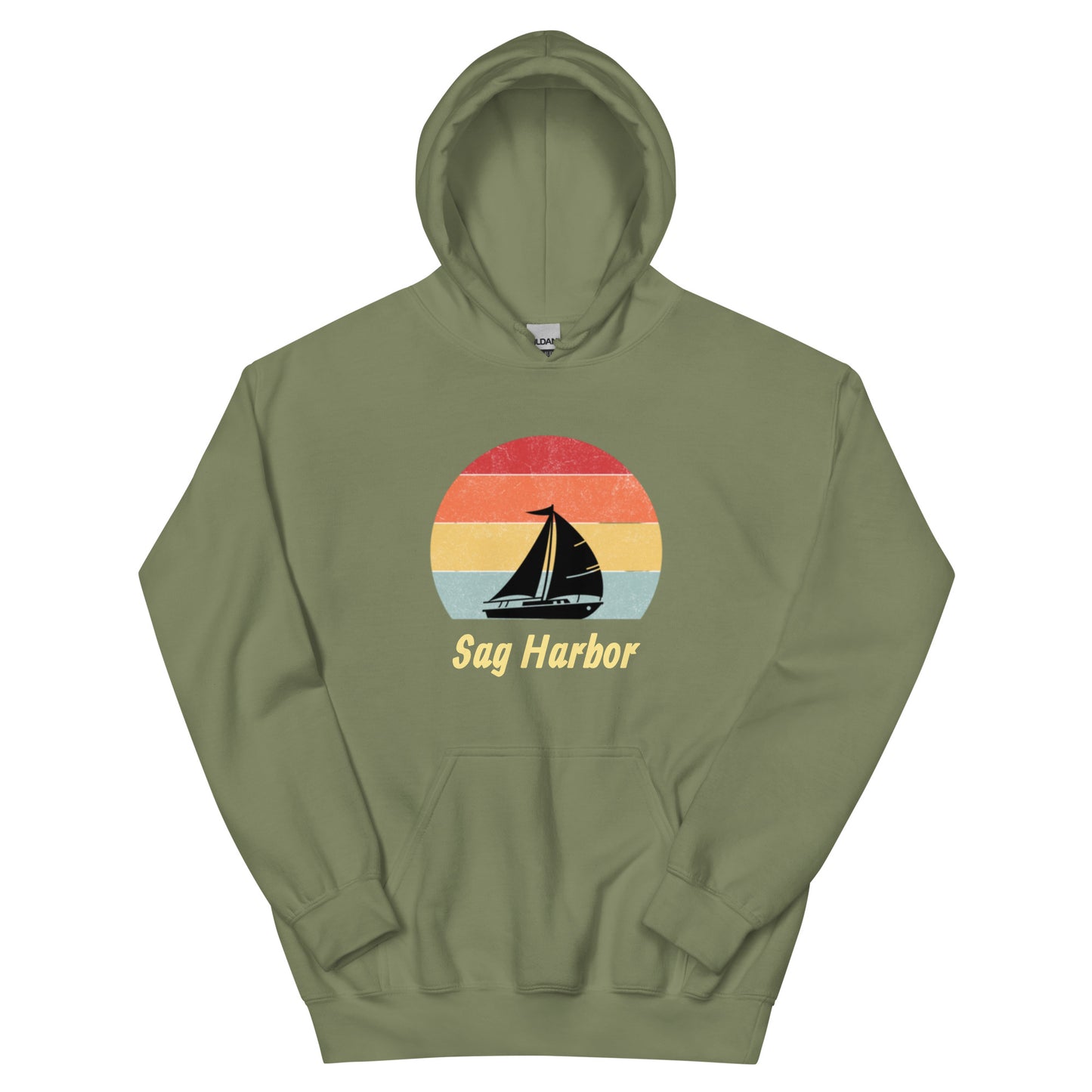 Sage green Sag Harbor Unisex Hoodie - Coastal Comfort & Style with vintage nautical graphic, ideal for Hamptons hoodie and surfside goods.