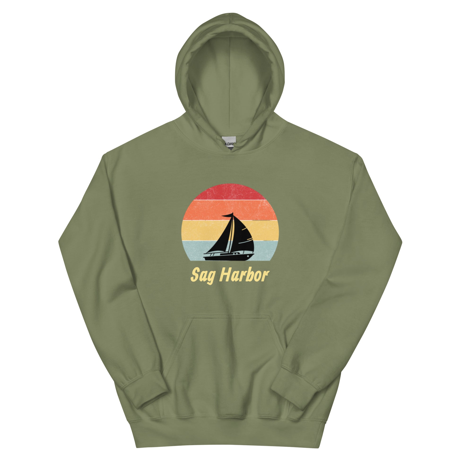 Sage green Sag Harbor Unisex Hoodie - Coastal Comfort & Style with vintage nautical graphic, ideal for Hamptons hoodie and surfside goods.