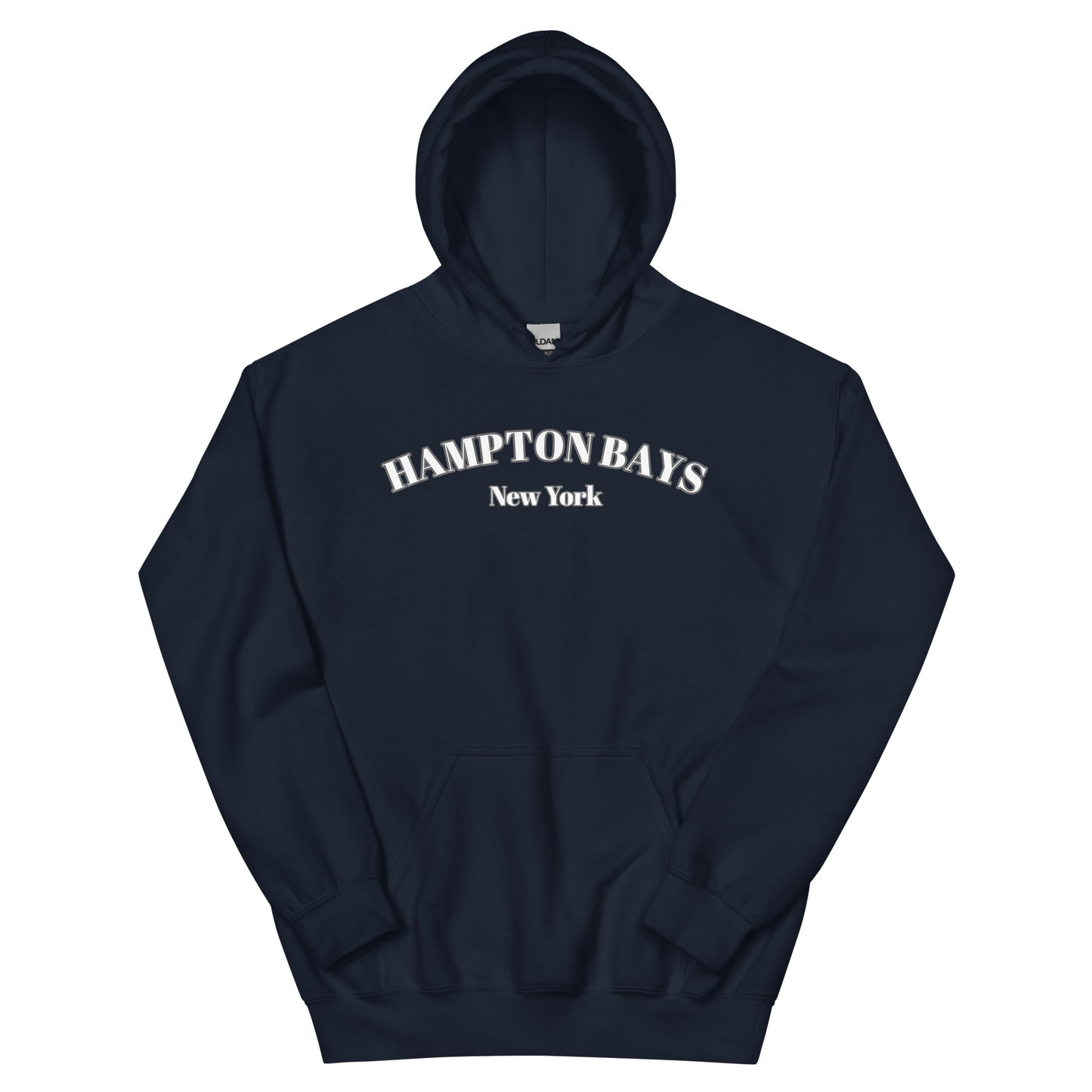 Navy blue Hampton Bays Hoodie laid flat, cozy unisex beachwear sweatshirt with white New York text, ideal for coastal evenings.