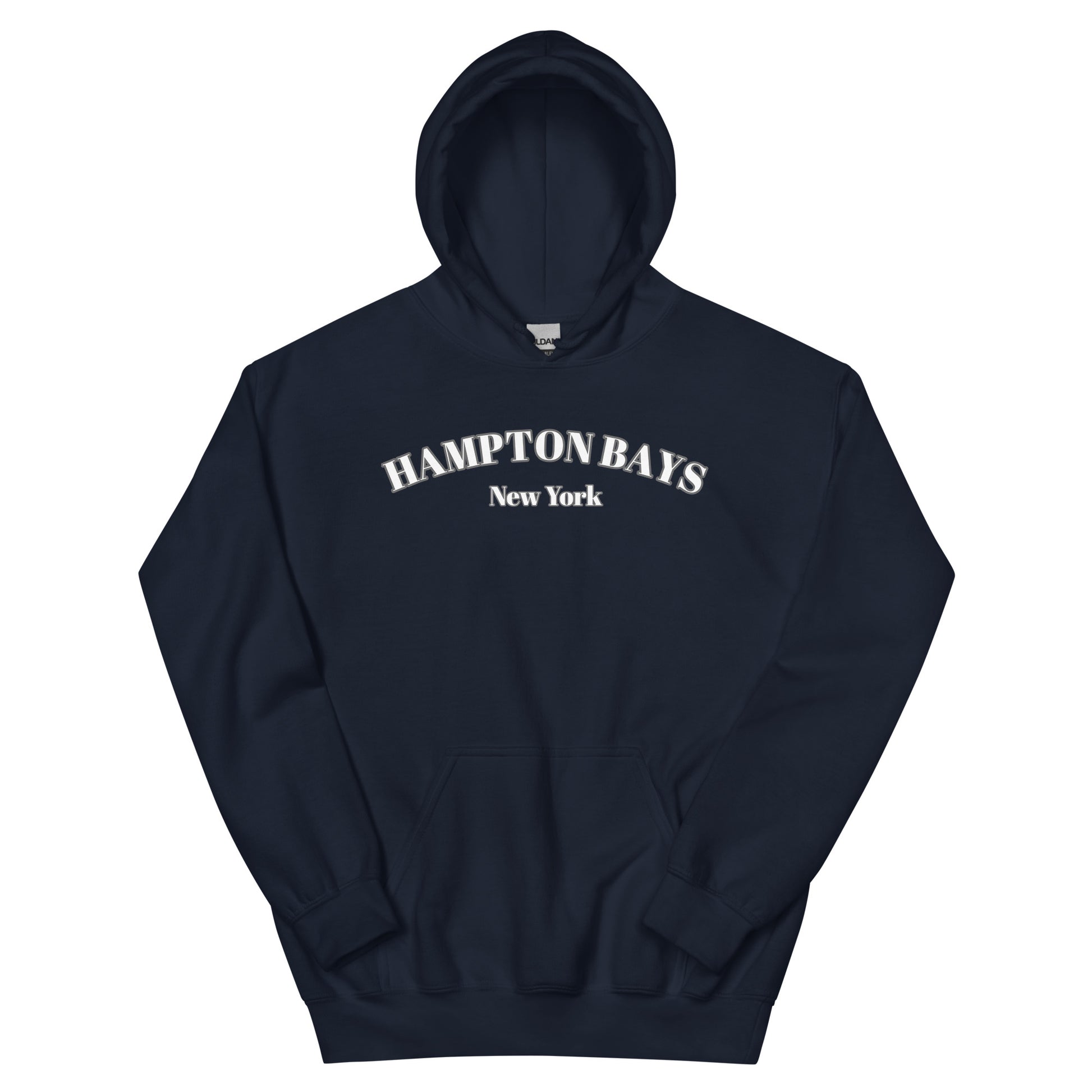 Navy blue Hampton Bays Hoodie laid flat, cozy unisex beachwear sweatshirt with white New York text, ideal for coastal evenings.