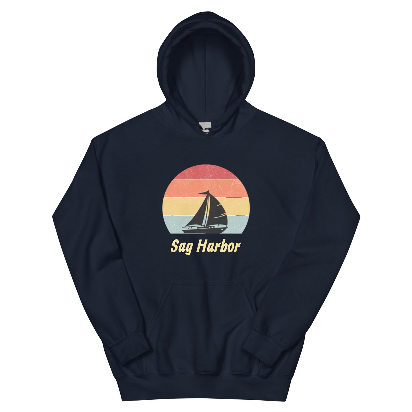Navy blue Sag Harbor Unisex Hoodie - Coastal Comfort & Style with retro sunset and sailboat print, perfect for Hamptons style outfits.