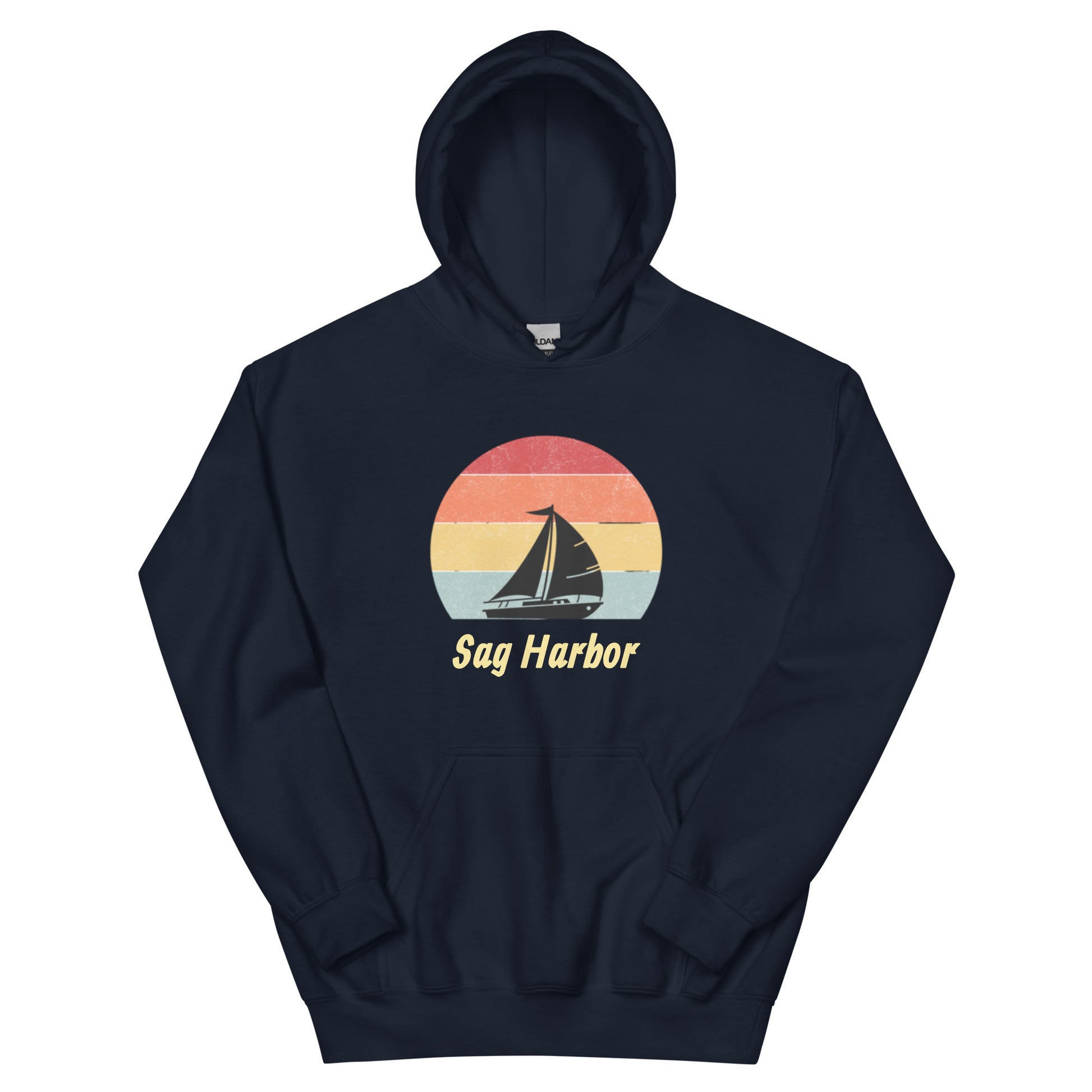 Navy blue Sag Harbor Unisex Hoodie - Coastal Comfort & Style with retro sunset and sailboat print, perfect for Hamptons style outfits.