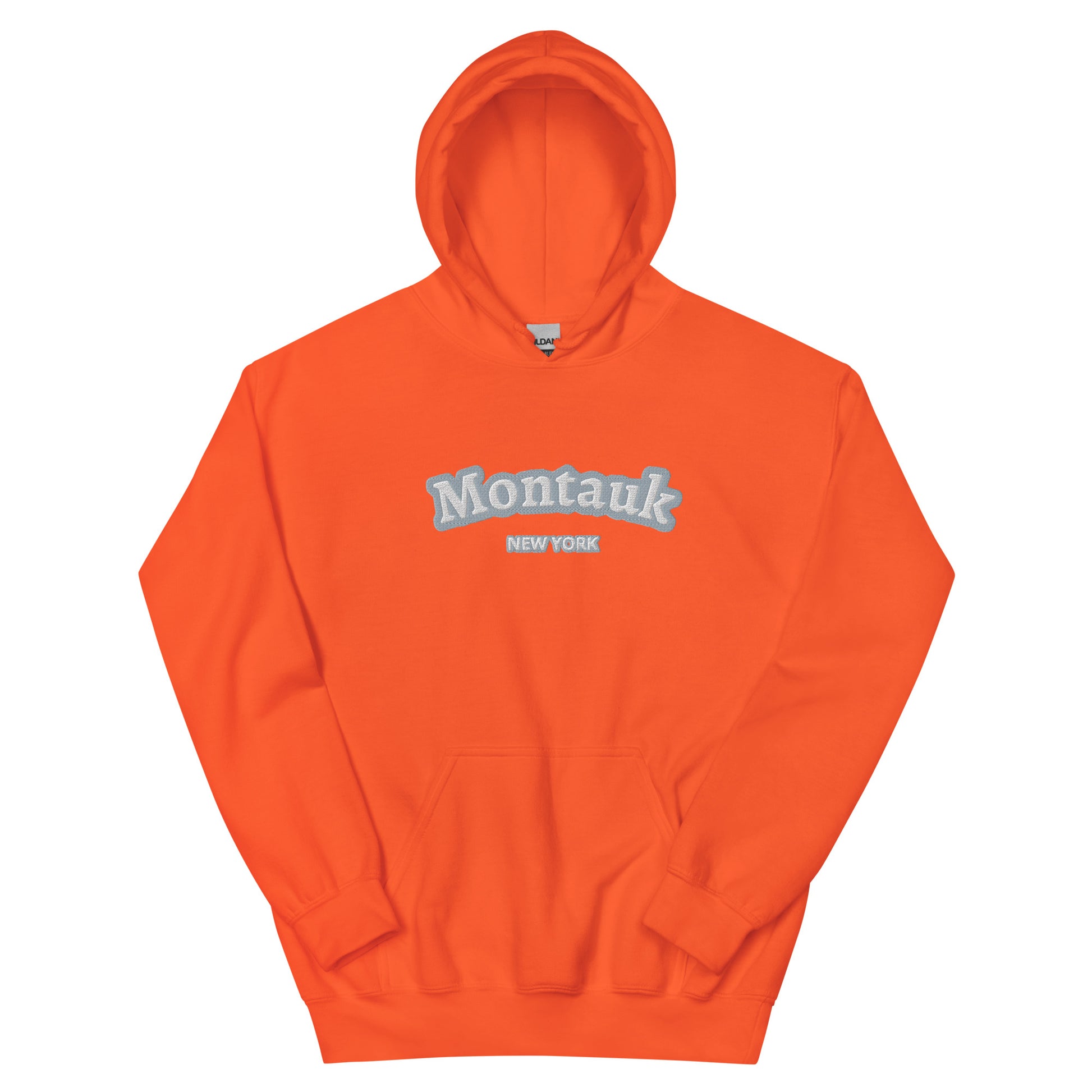 Vibrant orange Montauk Embroidered Hoodie - Unisex Coastal Sweatshirt with white embroidery, a standout piece in coastal clothing fashion.